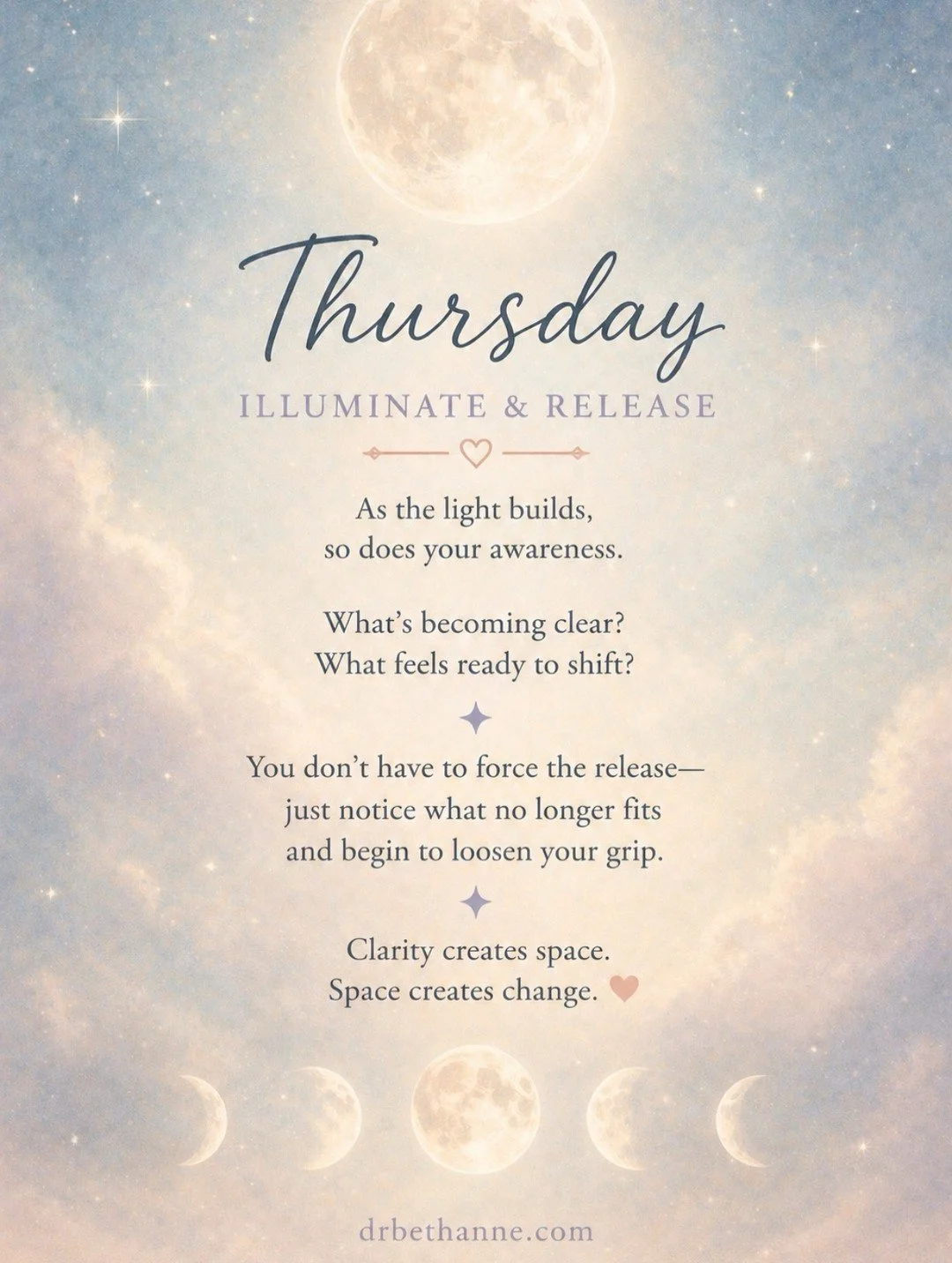 Thursday reflections ✨

Closing out the month today&hellip;
with a full moon right around the corner 🌕

A little reminder that you don&rsquo;t have to carry everything forward with you.

Some things can be released.
Some things can simply be acknowl