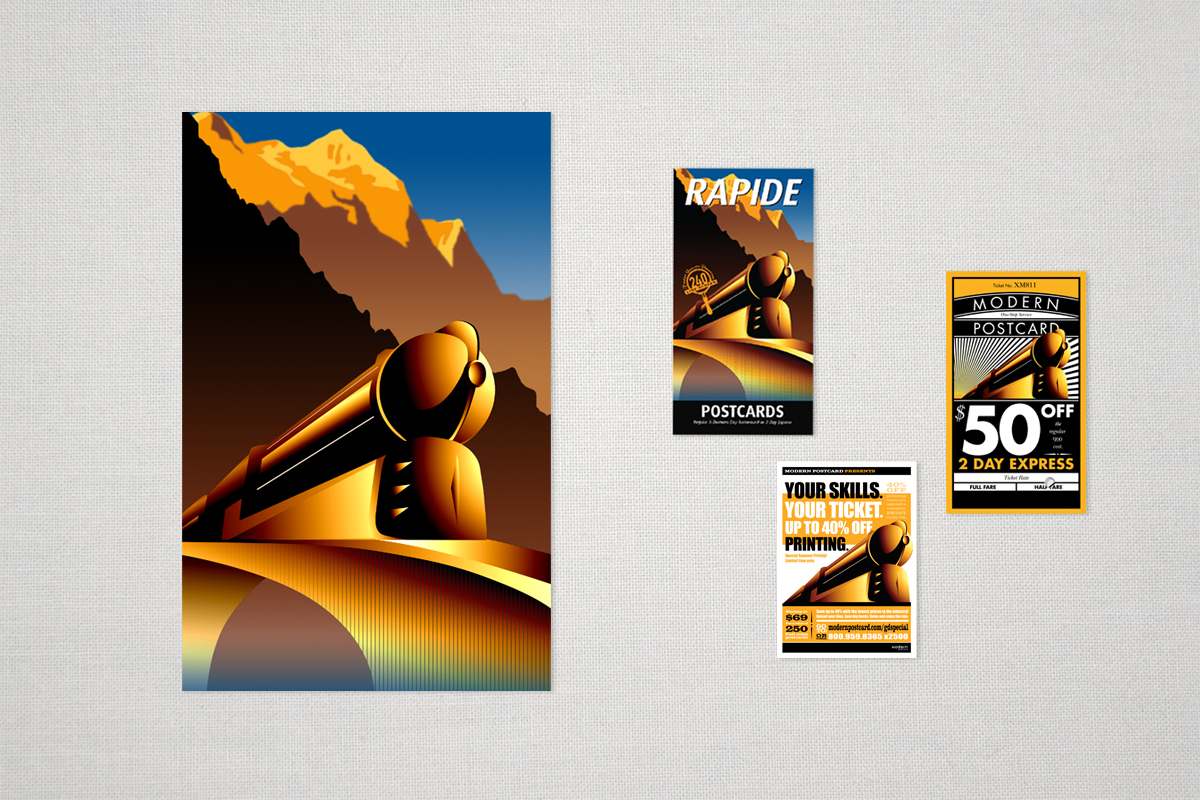  Train illustration originally created for a Travel series direct mail campaign and then was used in several promotional mailers. 