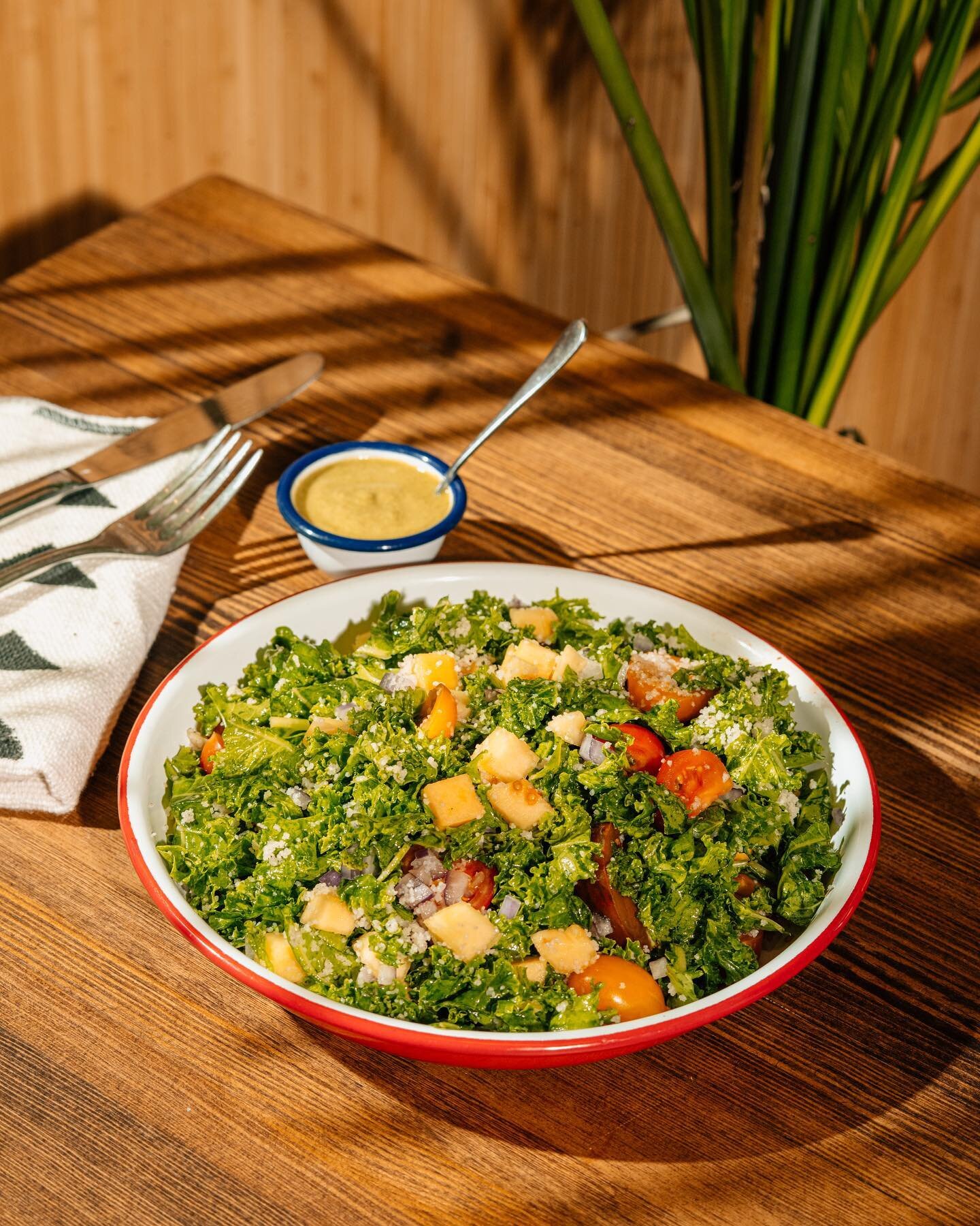 Put your own twist on our kale Casamance Salad. Add spicy plantains or black eyed peas to keep it vegan, or add our grilled chicken for more protein. #ItsTeranga