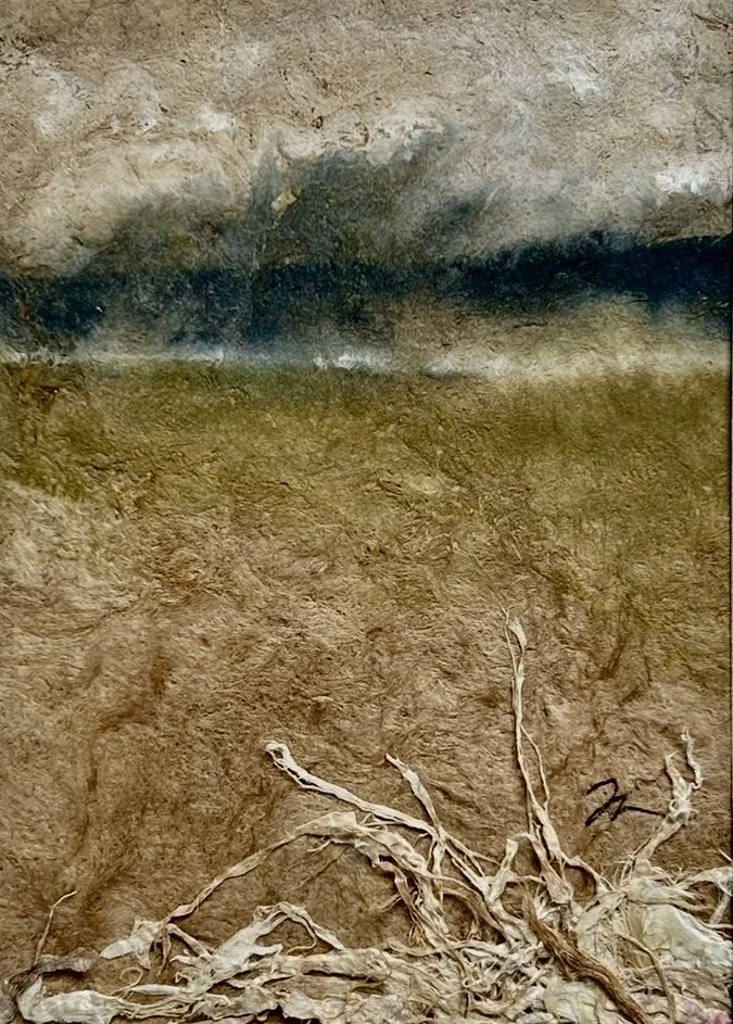 "Waiting on Spring's First Plow" - watercolor and gouache on Amate Bark Paper - 7" x 5"