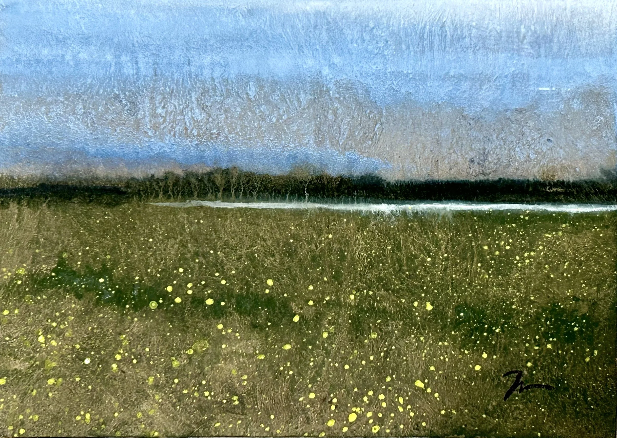 "Forgotten Field" - watercolor and gouache on Amate Bark Paper mounted on birch panel - 5" x 7"