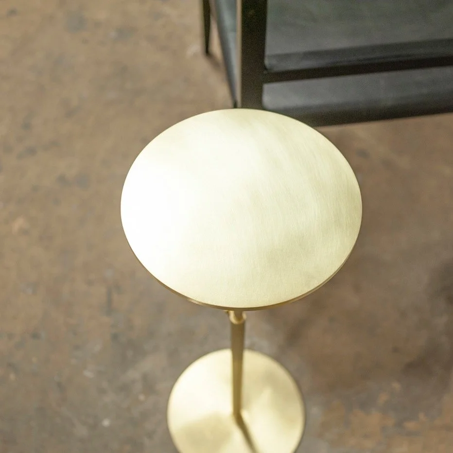 A table a day.... Day 1 Our "DV" Drink table in solid machined brass, height adjustable with a knurled brass set screw. 9" Dia top