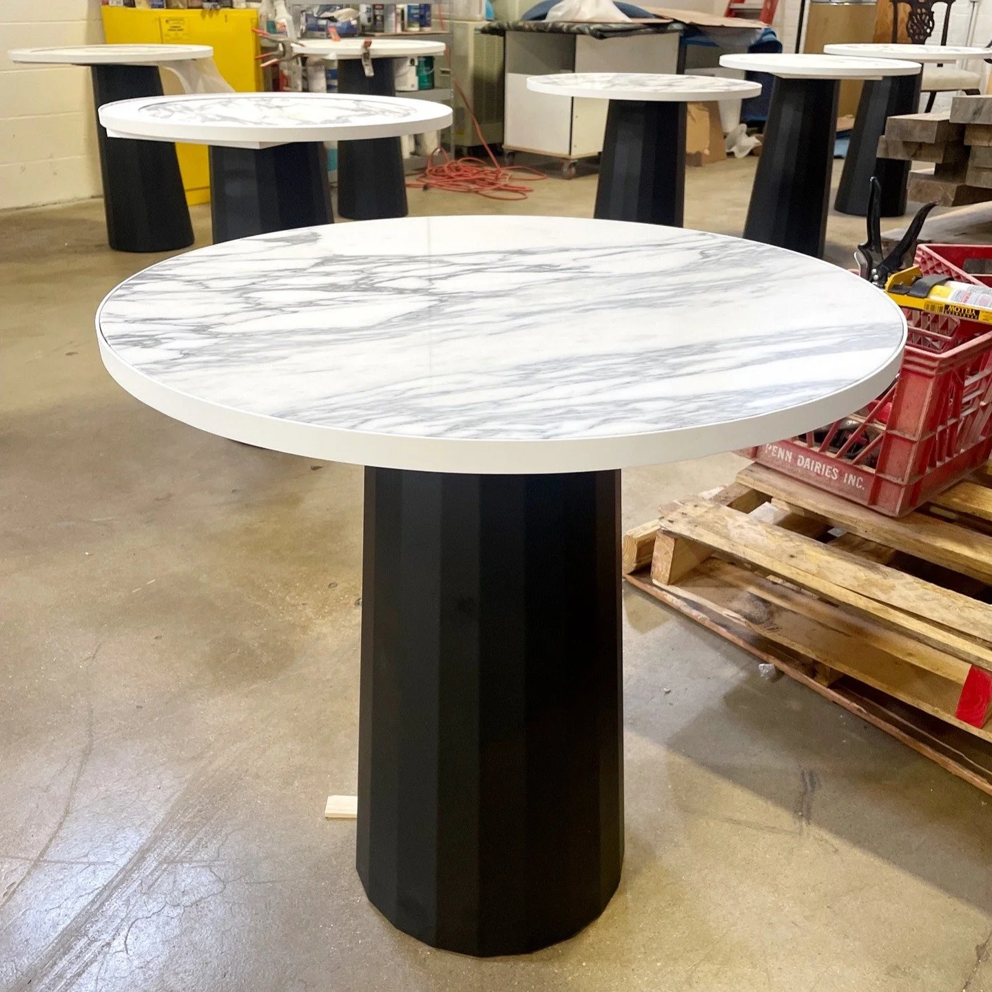 A table a day.... Day 4. We fabricated 11 of these marble and steel tables for an office space in DC.