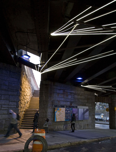This Way, Brooklyn Bridge underpass art installation: artists Linnaea Tillett & Karin Tehve; lead design consultant Emphas!s Design; commissioned by City of N Y Department of Transportation, Percent for Art Program, and DUMBO Business Improvement District; photo: Seth Ely