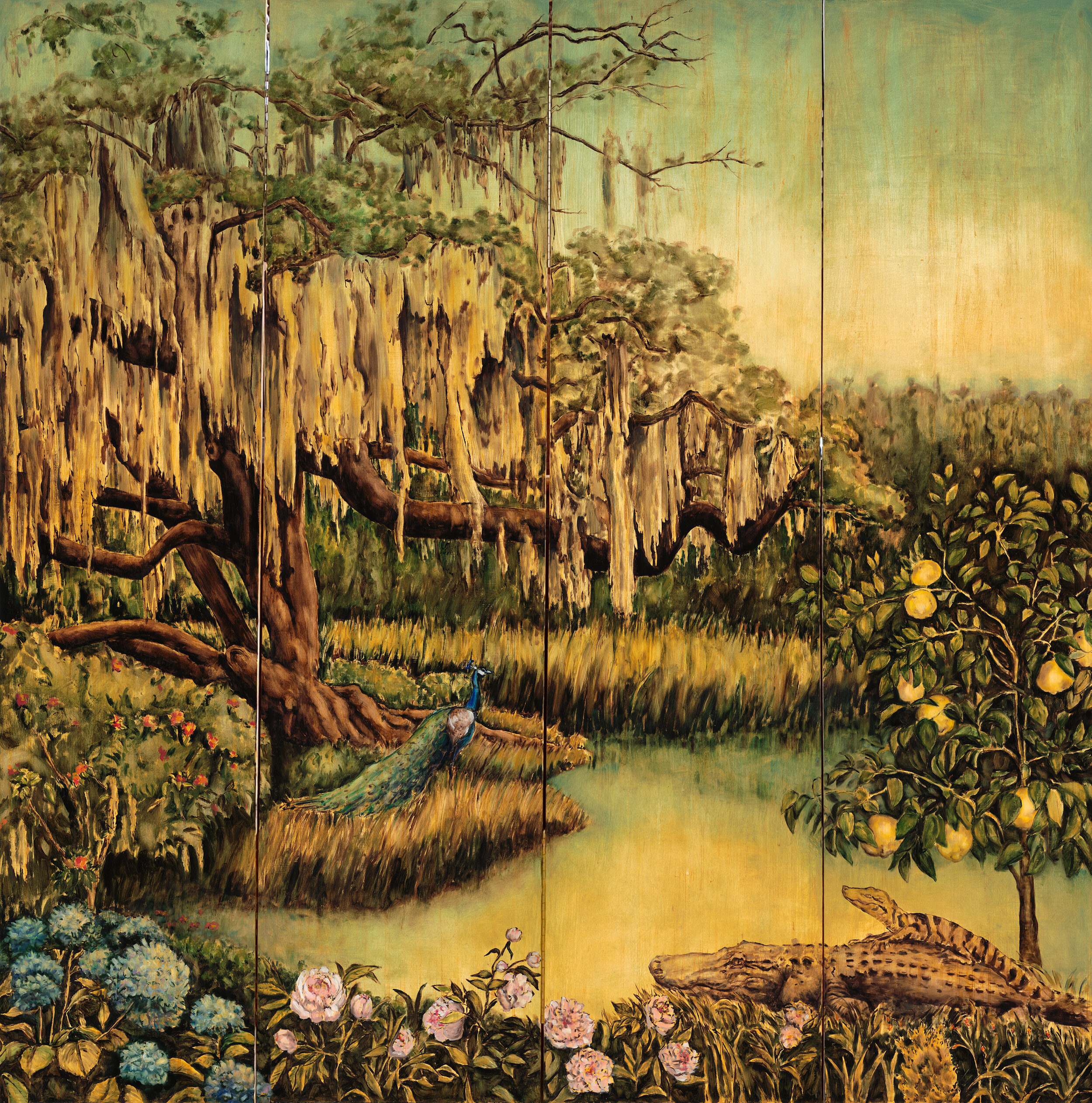 All in a Sea of Wonders: Marsh at Dawn (A-side), 2020. Double-sided wooden screen composed of four 18” x 72” panels, oil on panel.
