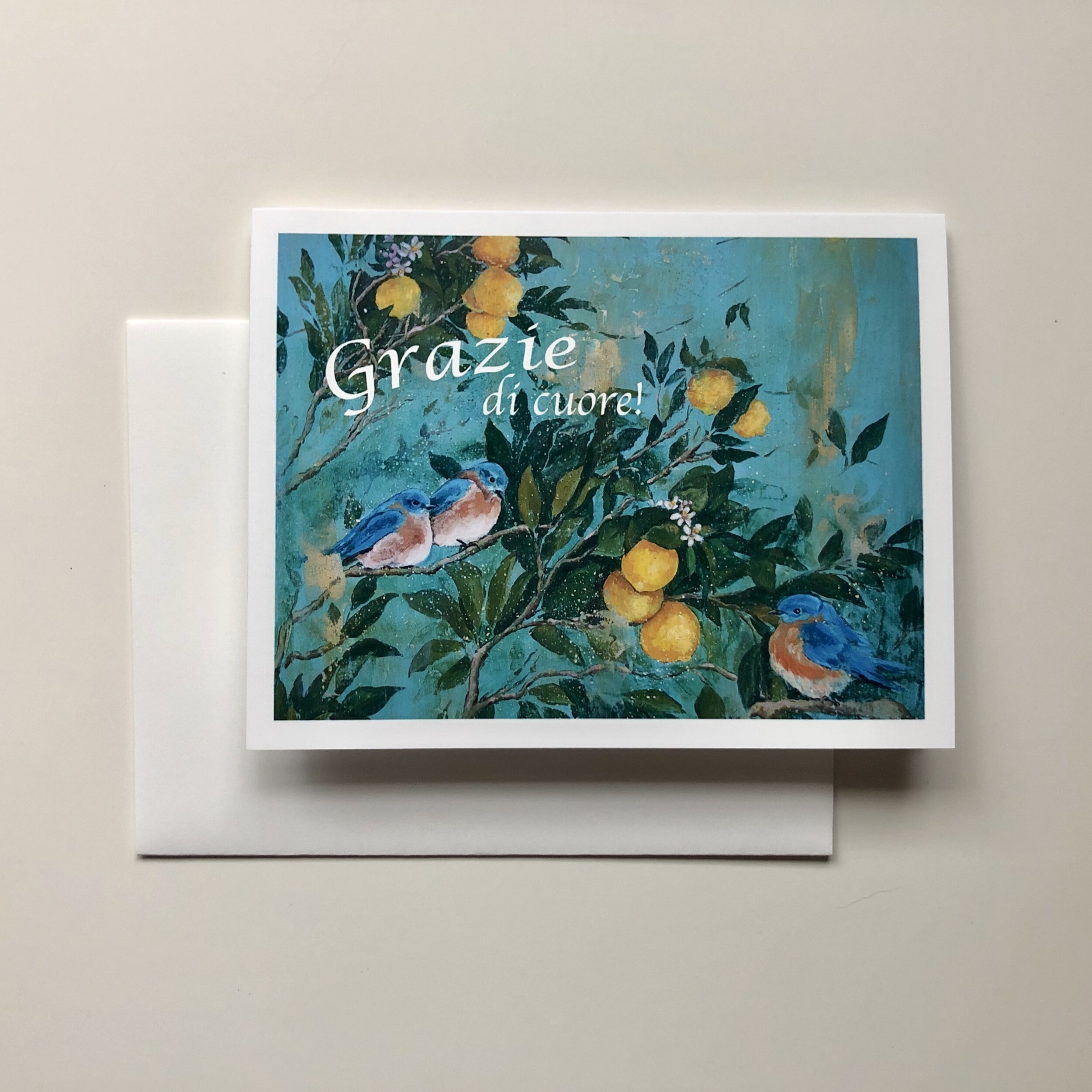 “Grazie” (Thank You) notecard featuring bluebirds &amp; lemons