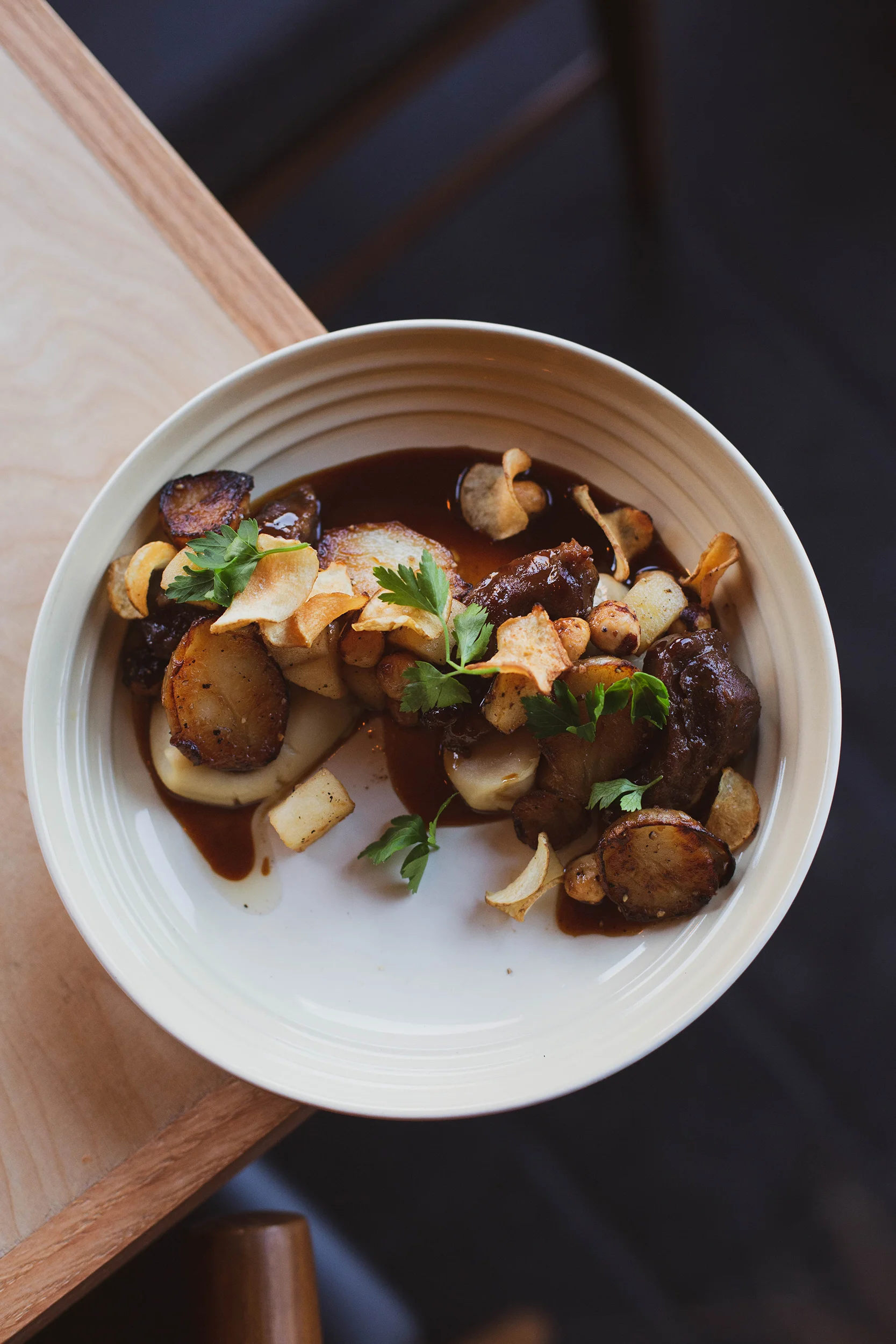 Braised pork cheek, sunchoke, parsnip puree, roasted hazelnut, oloroso sherry.