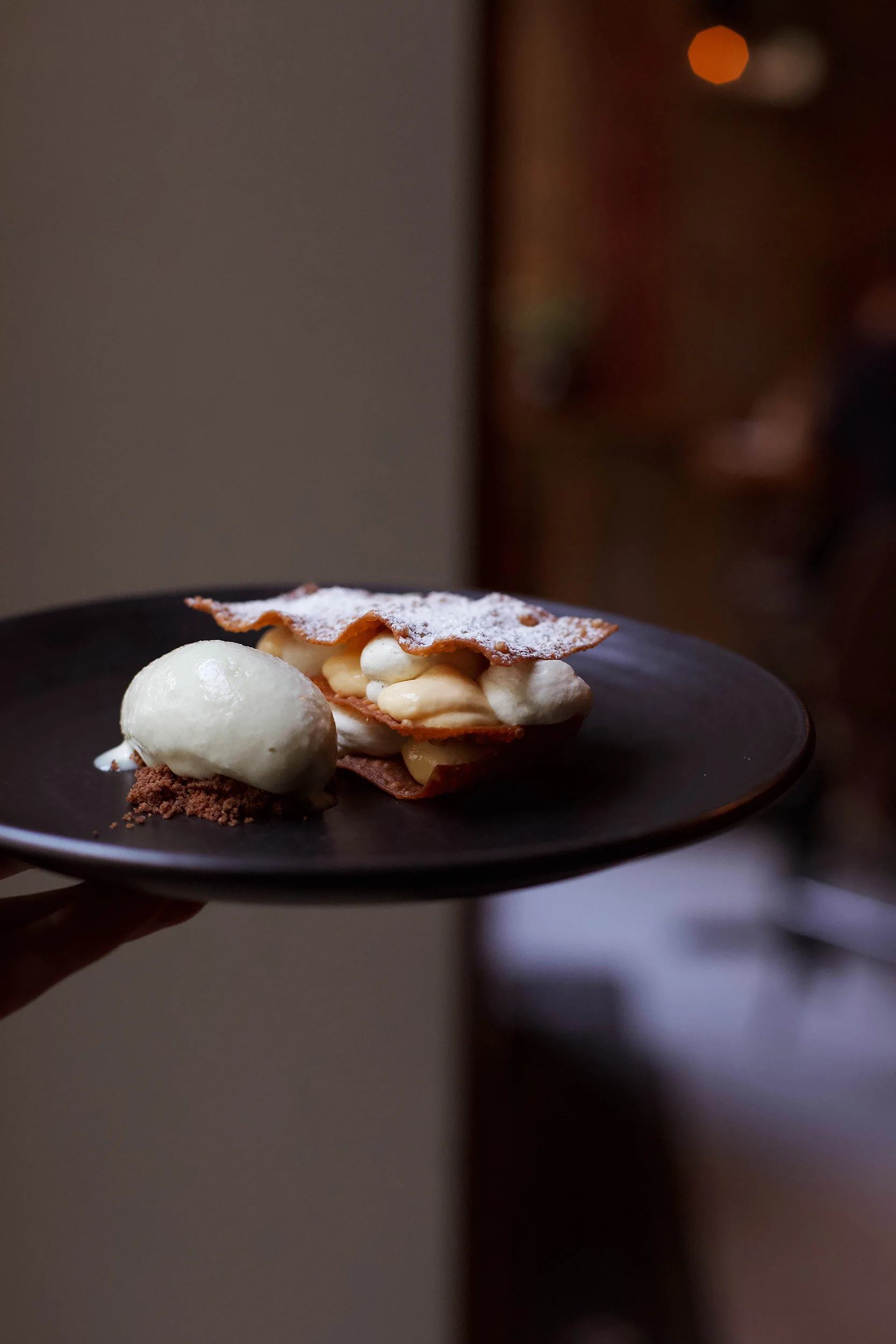 Malted custard, Grand-fir ice cream, cannoli pastry.