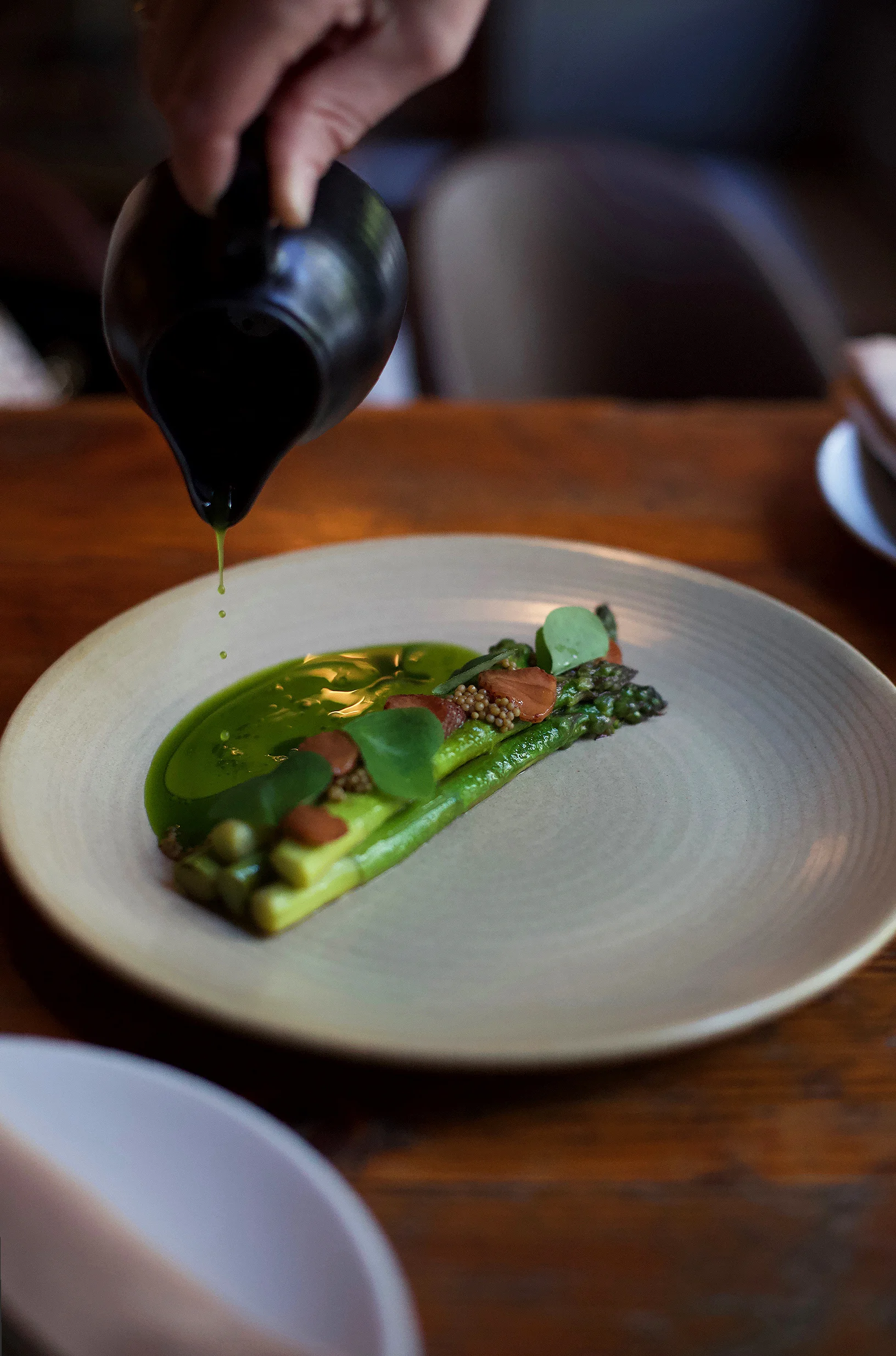 Foxglove Farm Asparagus, licorice fern, buttermilk, wood sorrel, pickled strawberries, mustard seed.