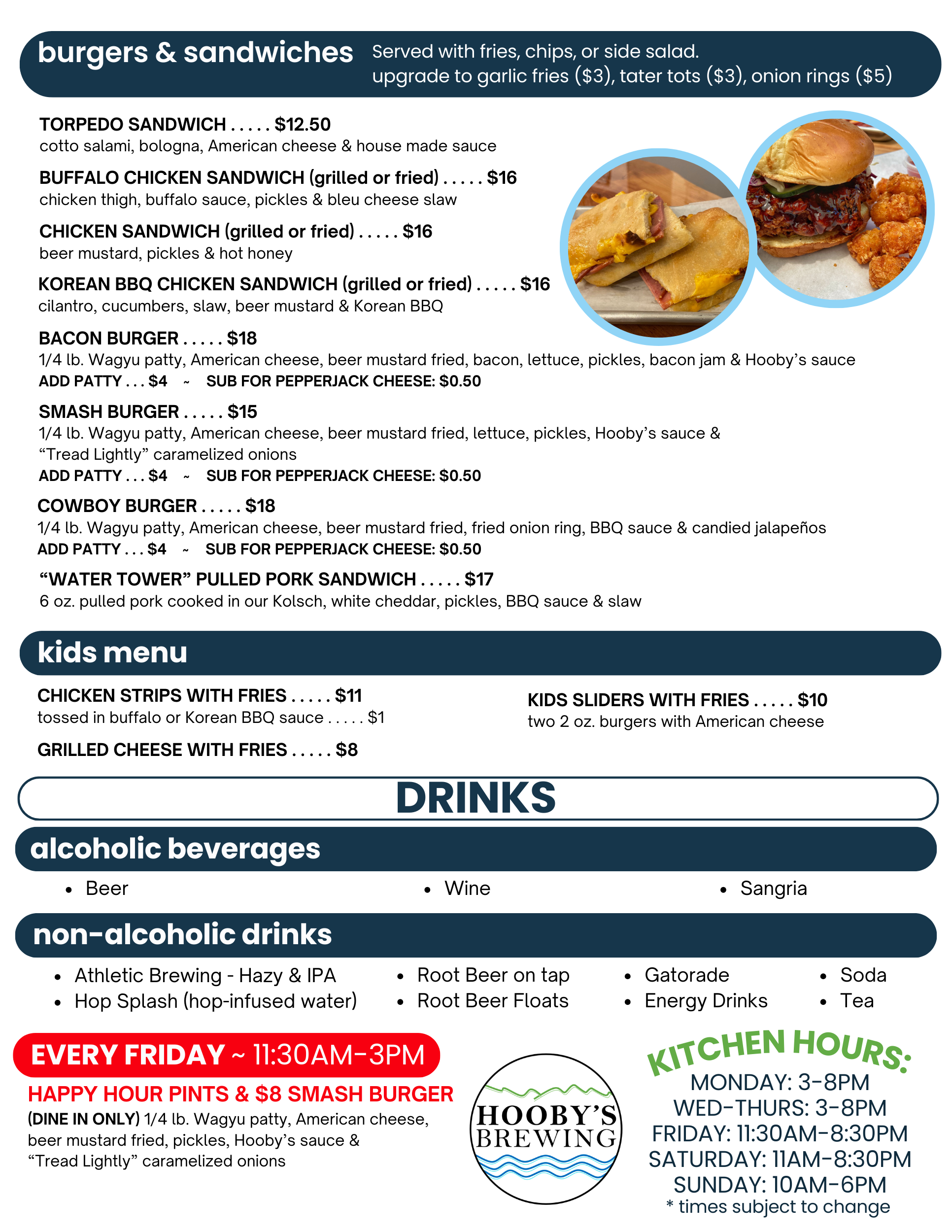 food menu that reads hooby's brewing kitchen with a list of food options