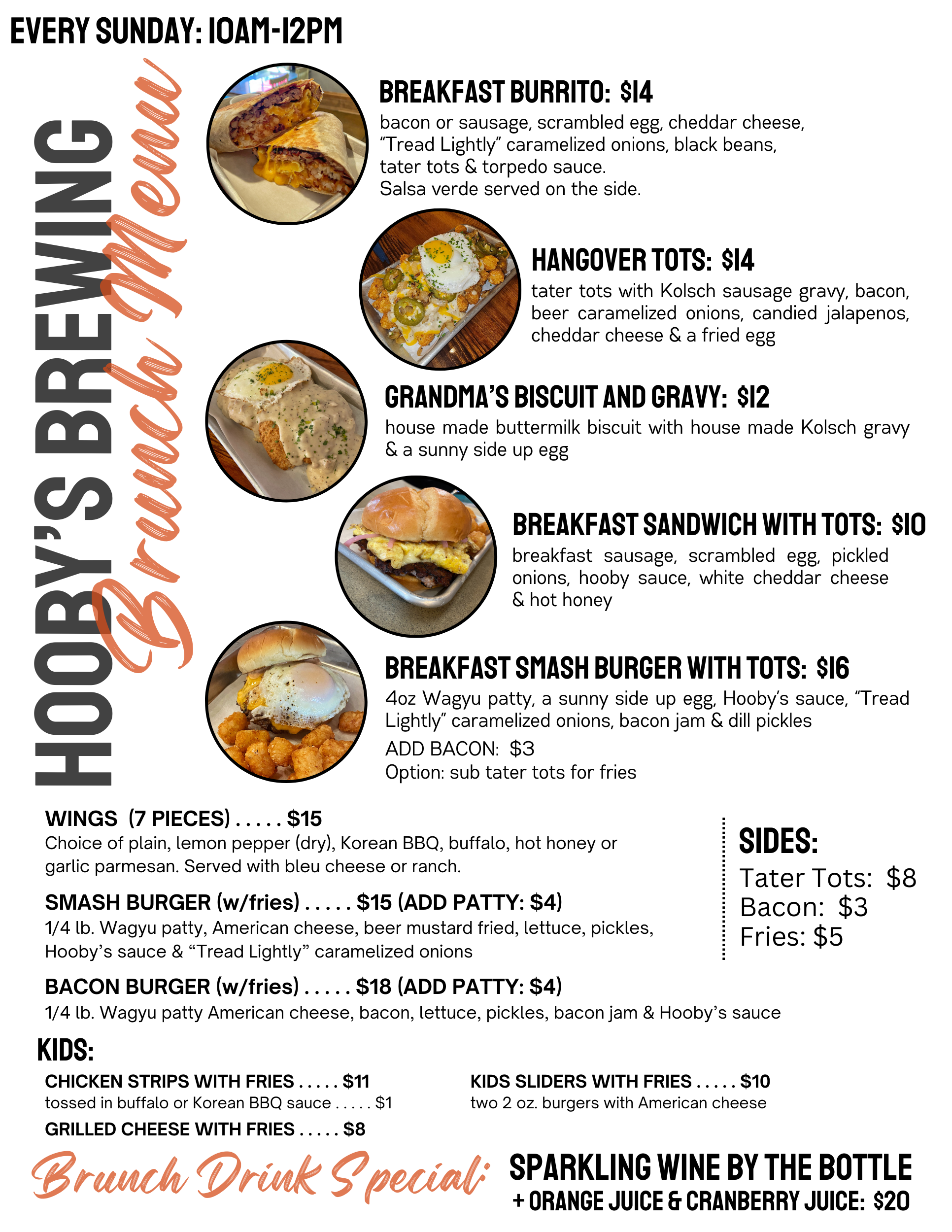 hooby's brewing brunch menu for Sundays kitchen with a list of breakfast options