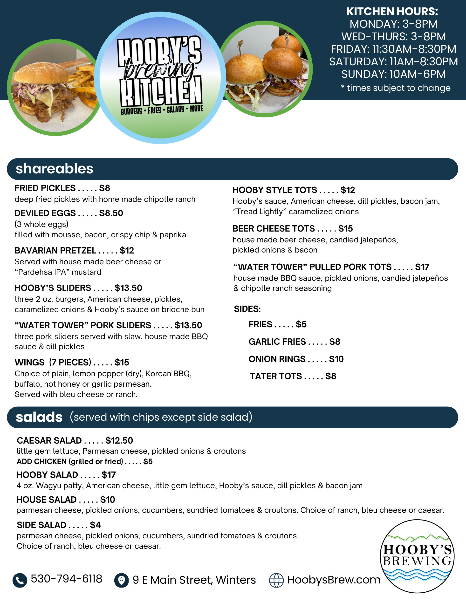 food menu that reads hooby's brewing kitchen with a list of food options