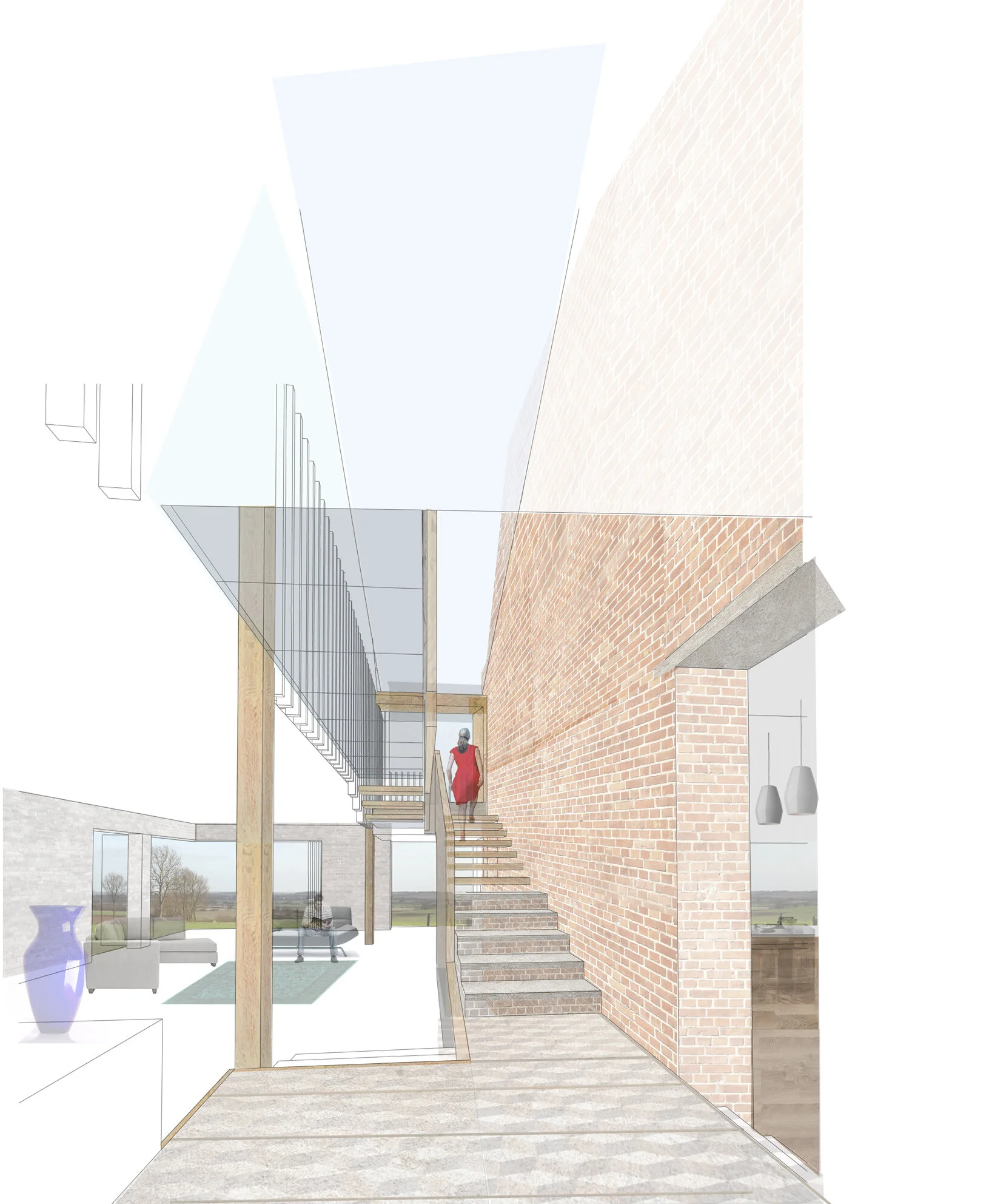 A modern interior space with brick walls, a staircase, large windows overlooking a landscape, and contemporary furniture.