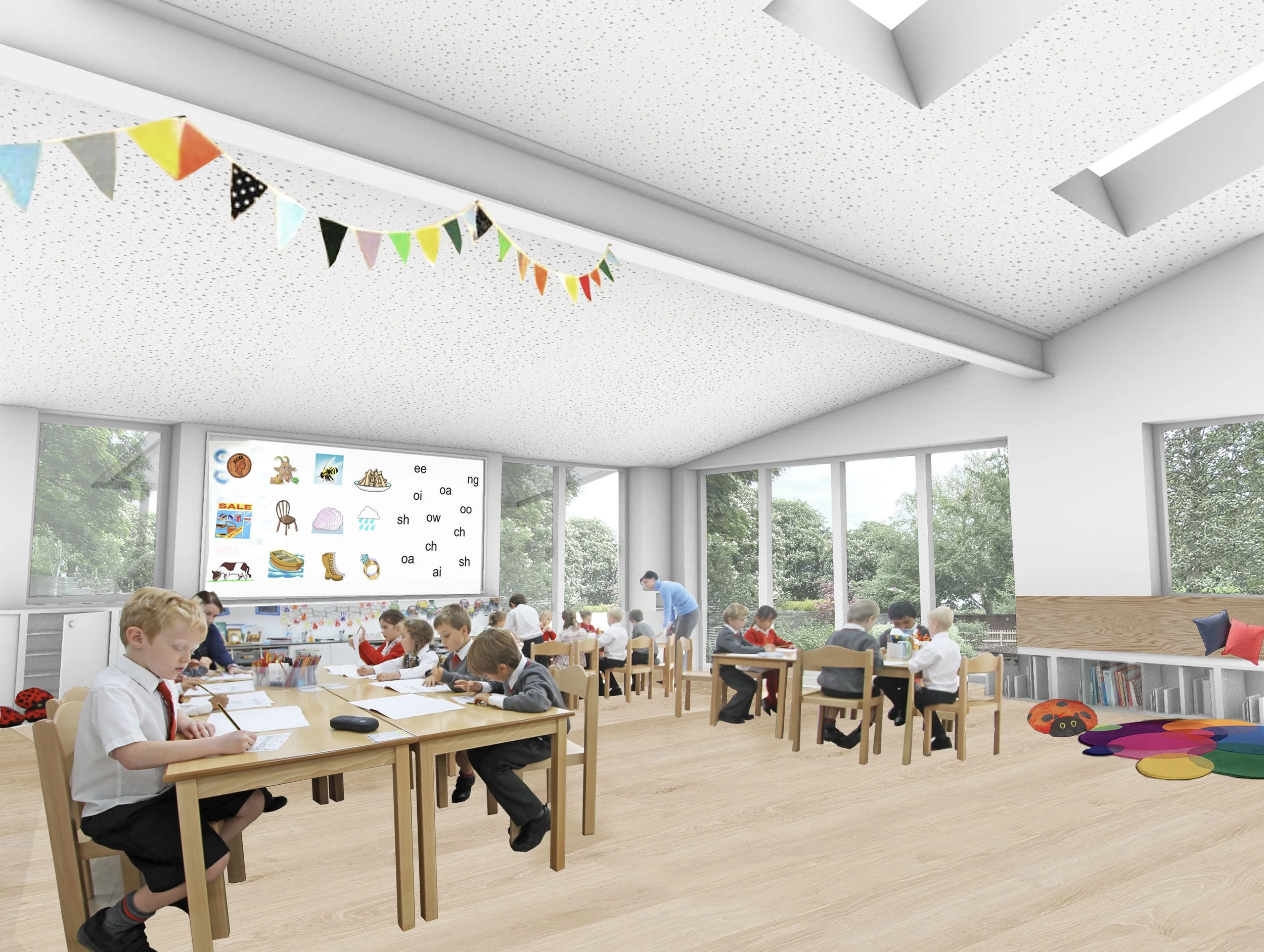 Classroom with children sitting at tables, working on assignments, with colorful bunting hanging from the ceiling and educational posters on the windows. Large windows let in natural light and offer a view of greenery outside.