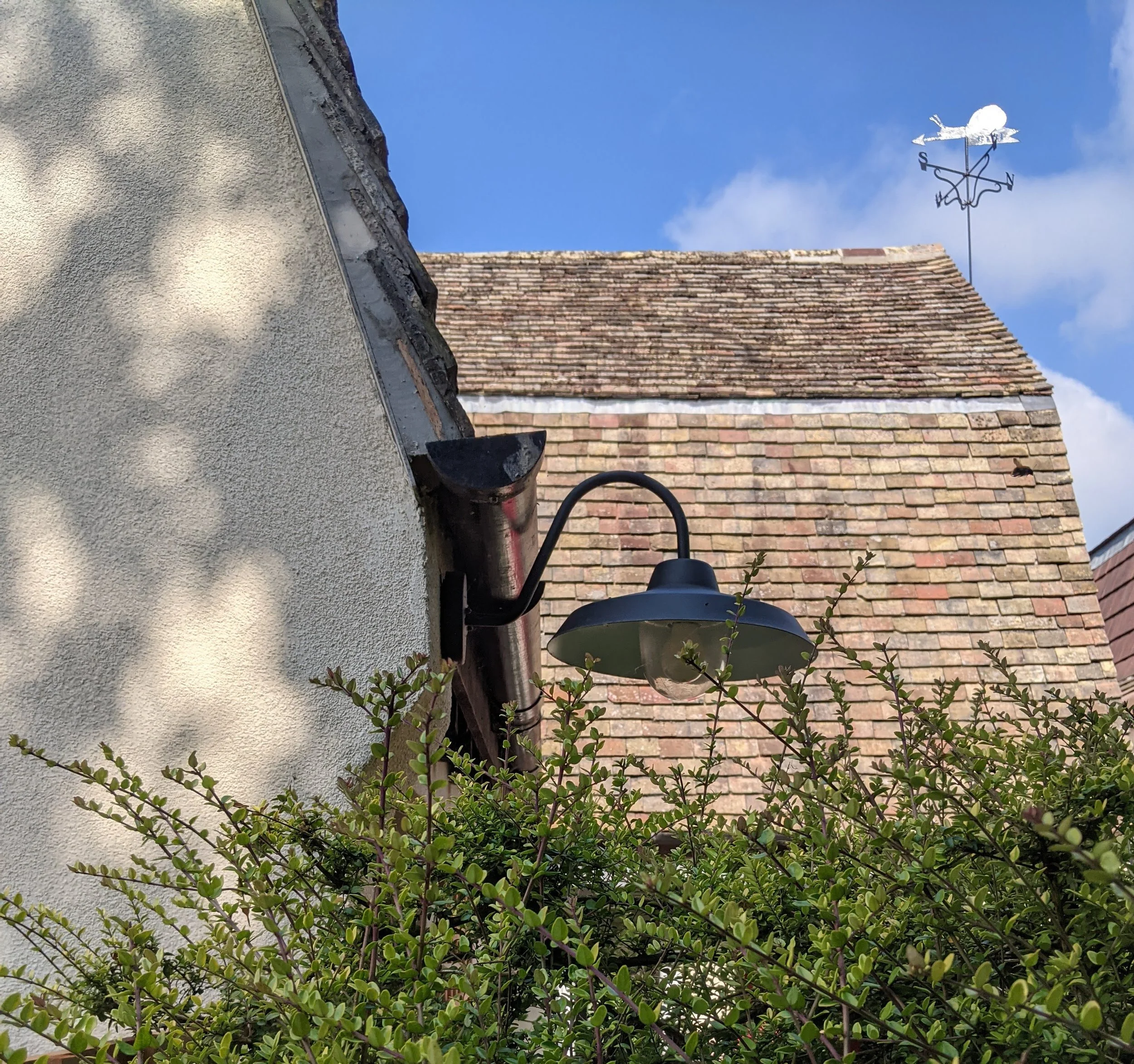 View of a rooftop with a weather vane against a blue sky, with green foliage in the foreground.