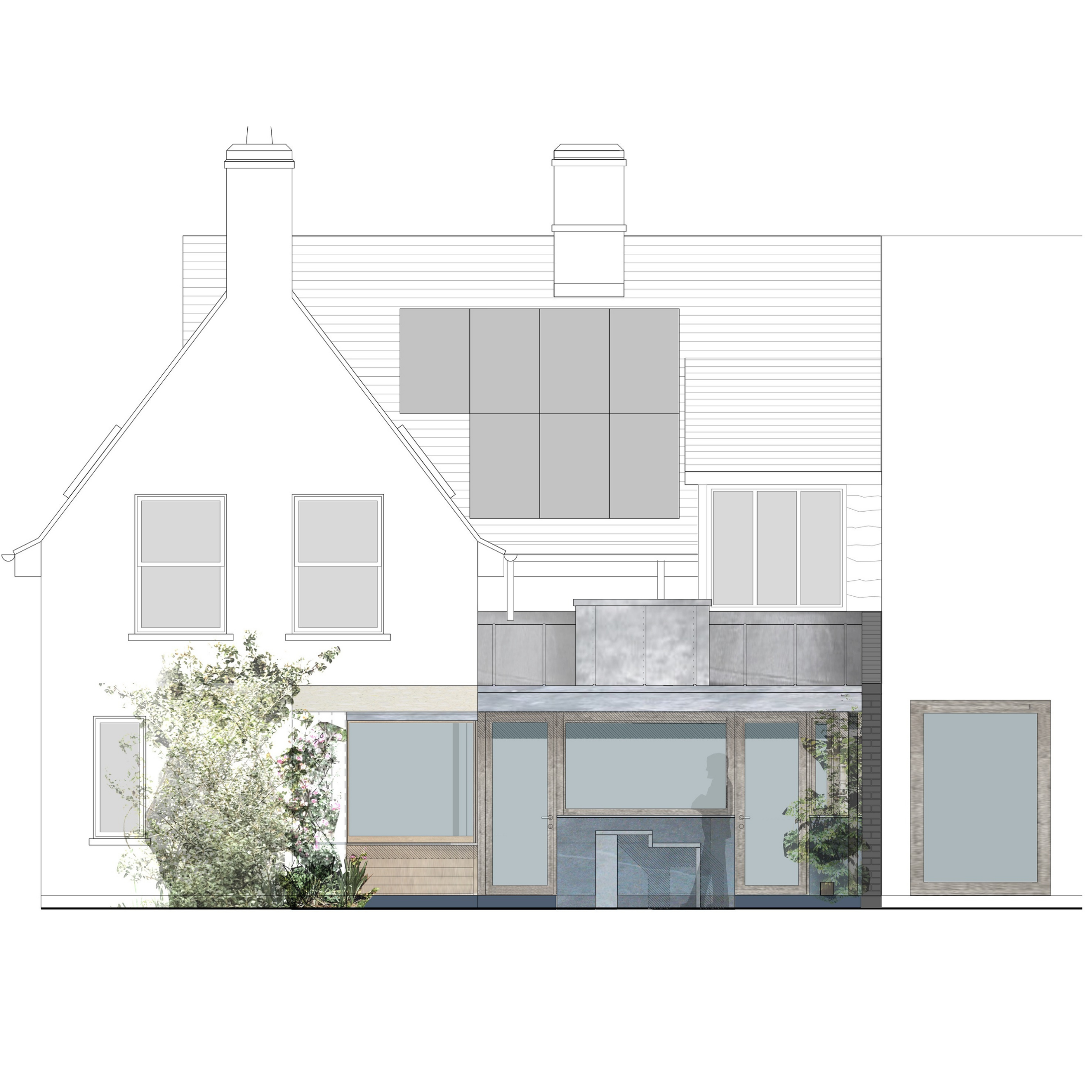 Architectural illustration of a modern house facade with multiple levels, large windows, rooftop terrace, and landscaped greenery.