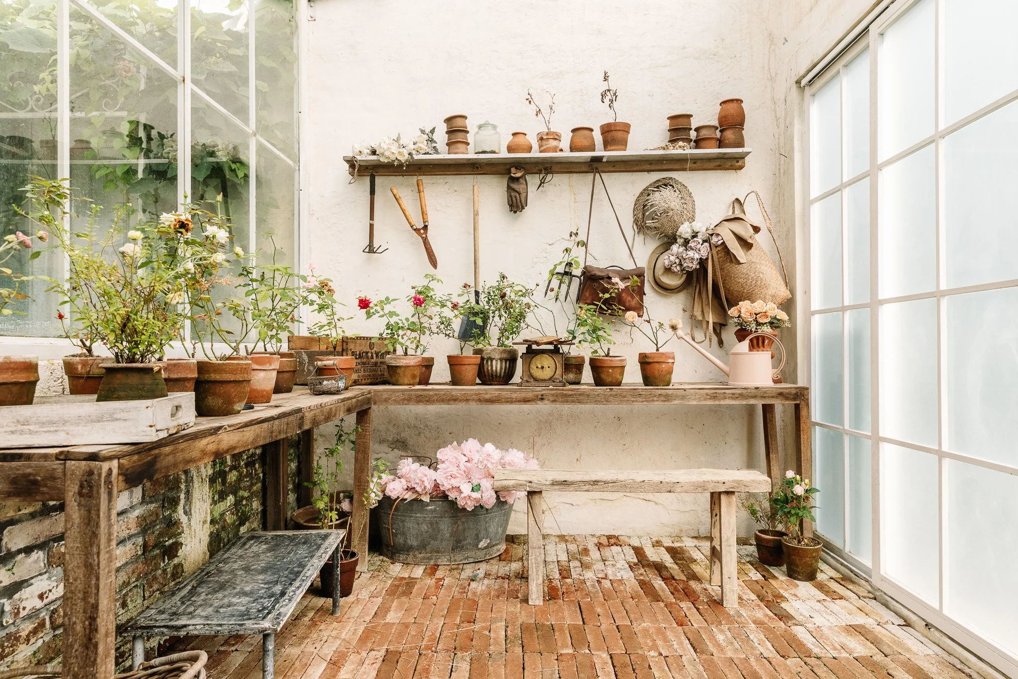 Indoor gardening space with various potted plants, gardening tools, and decorative items on rustic wooden shelves and tables, brick floor, frosted glass windows for natural light.