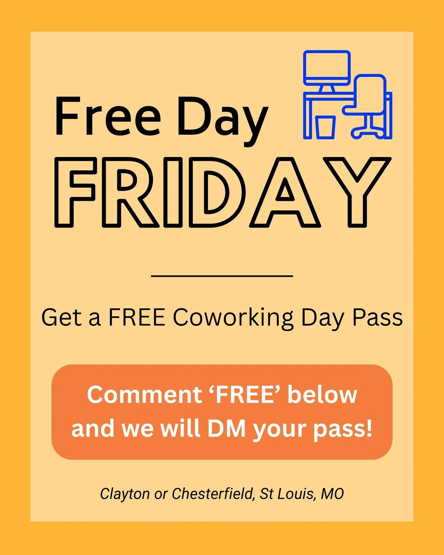 Free Day Friday is back at ThriveCo! 🎉 
Want to try coworking for a day &mdash; completely free?

All you have to do is comment &ldquo;FREE&rdquo; below. We&rsquo;ll send you a day pass to use at either our Clayton or Chesterfield location. ✨ 

It&r