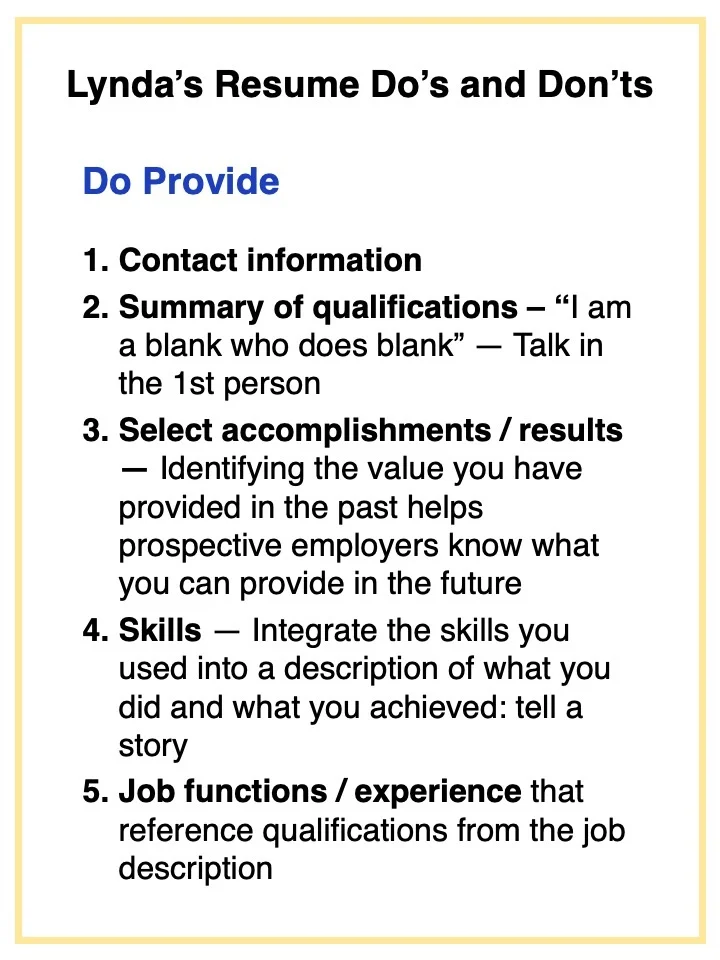 For Lynda’s resume Don’ts, go here.