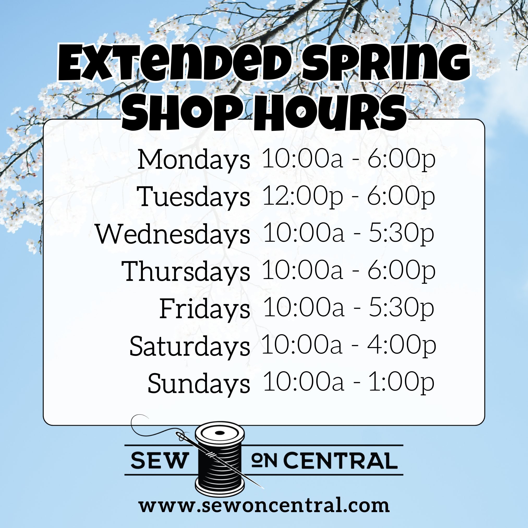 We've extended our shop hours for spring! 🌷 Stop in, say hi, and browse our gorgeous fabric collection, extensive pattern selection, embroidery kits, notions, and more! Or shop online anytime at sewoncentral.com. 🧵✂🧷

 #sewoncentral #evanstonillin