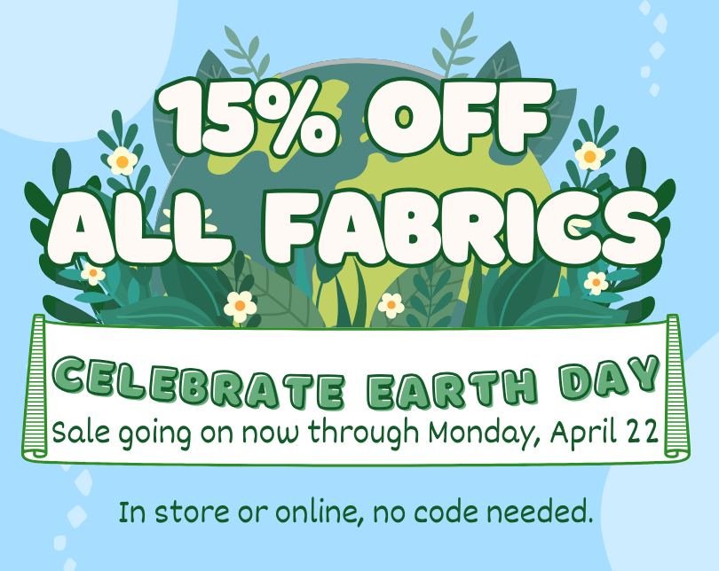 🌏🧵 Celebrate Earth Day with us and Central Street Evanston with a special sale today through Monday, 15% off all fabric! 🧵🌏 Reusable totes, fabric napkins, snack pouches and more, sewing from scraps or repurposing materials, there are so many won