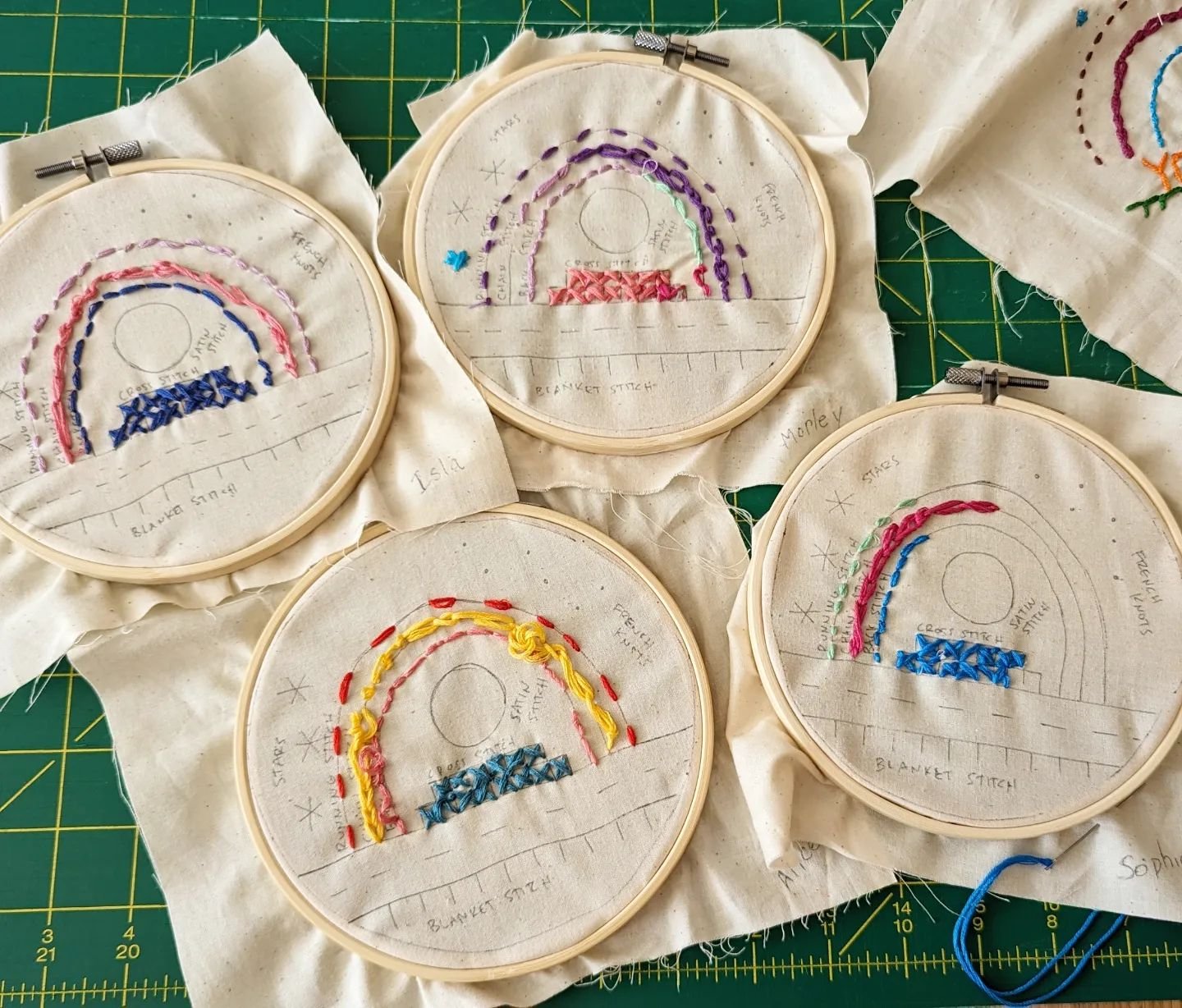 Our Saturday 5-6 year old Hand Sewing kiddos leaned some new embroidery stitches today and started a little stitch sampler. Running stitch, back stitch, cross stitch, and even a chain stitch! They picked it up so fast! 🧵🪡 
#kidscansew #creativekids