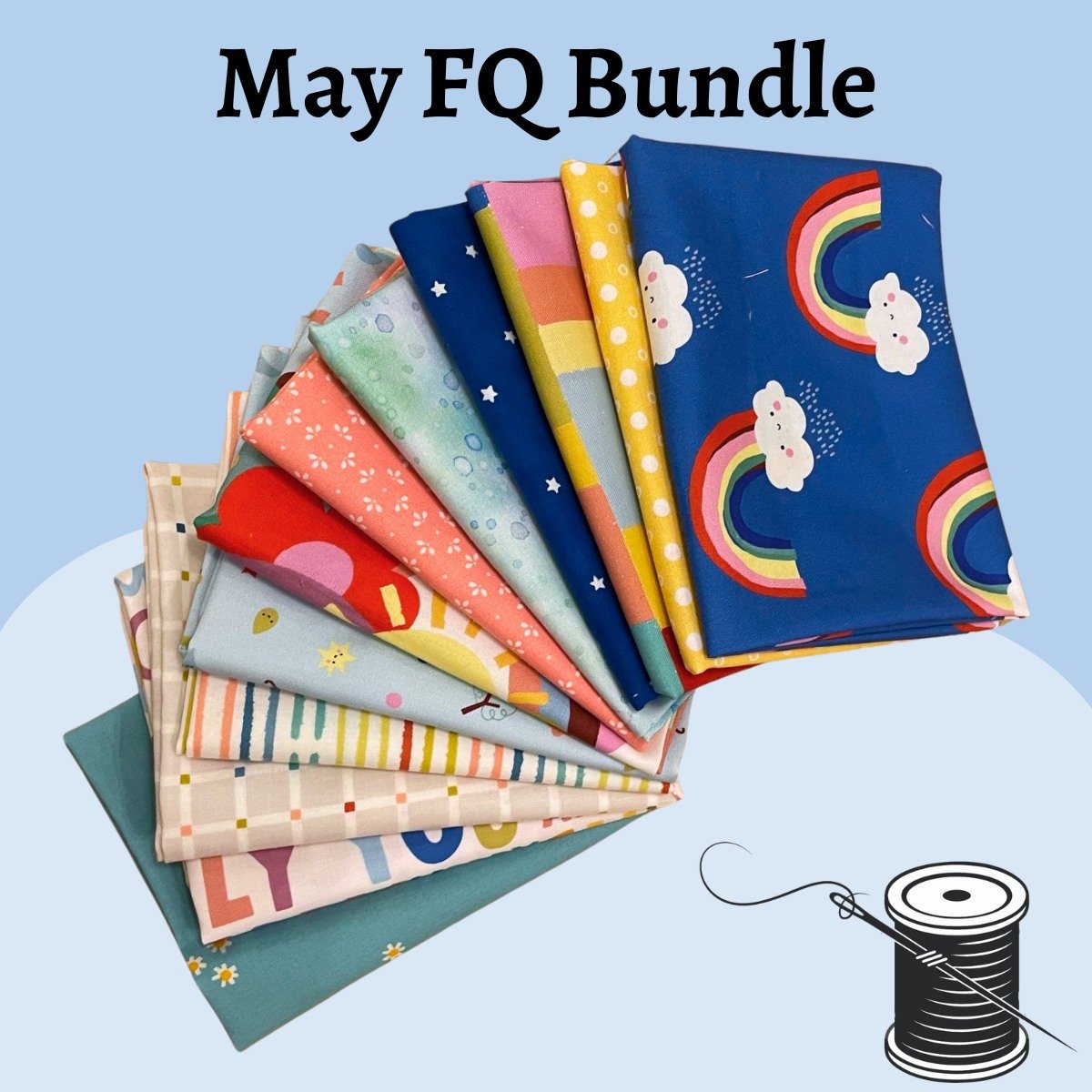 ☀️ Our May Fat Quarter Bundle is &quot;Soaking Up The Sunshine!&quot; ☀️ Bright, cheerful, and full of springtime joy, this bundle has a variety of small and large prints in a rainbow of colors for any project that needs an extra bit of sunshine. Get