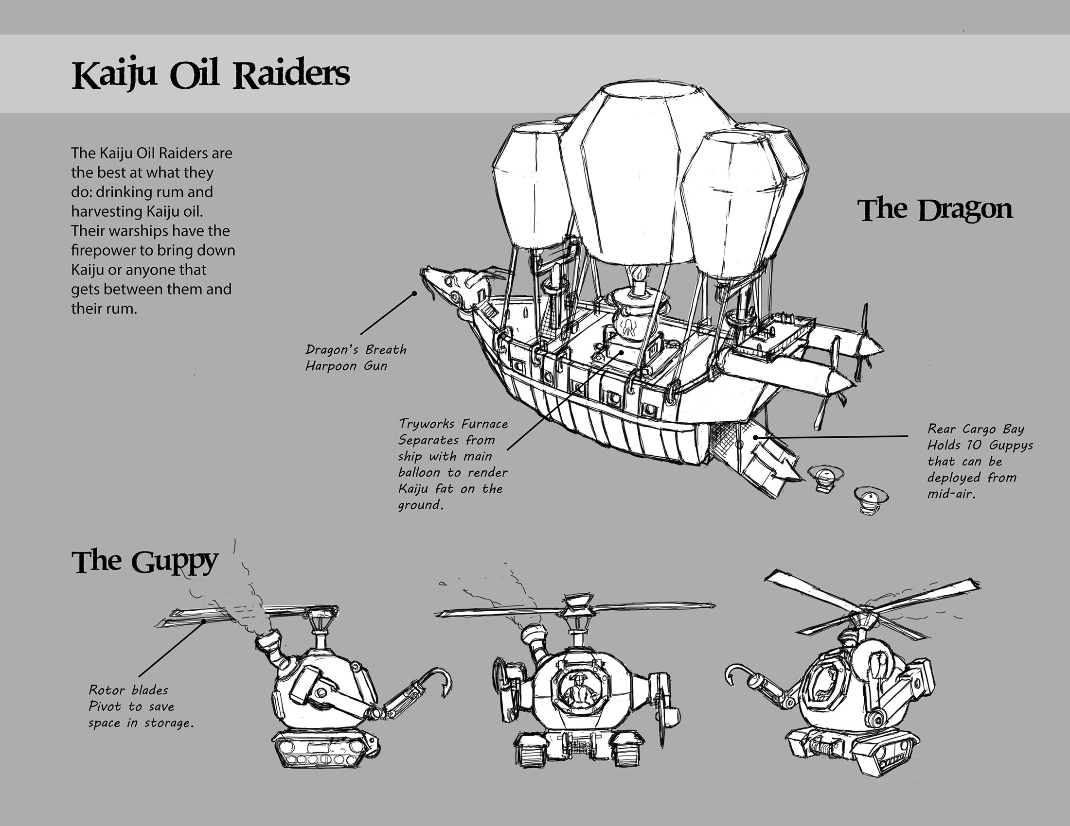 Kaiju Oil Raider Airship and Gyrocopter