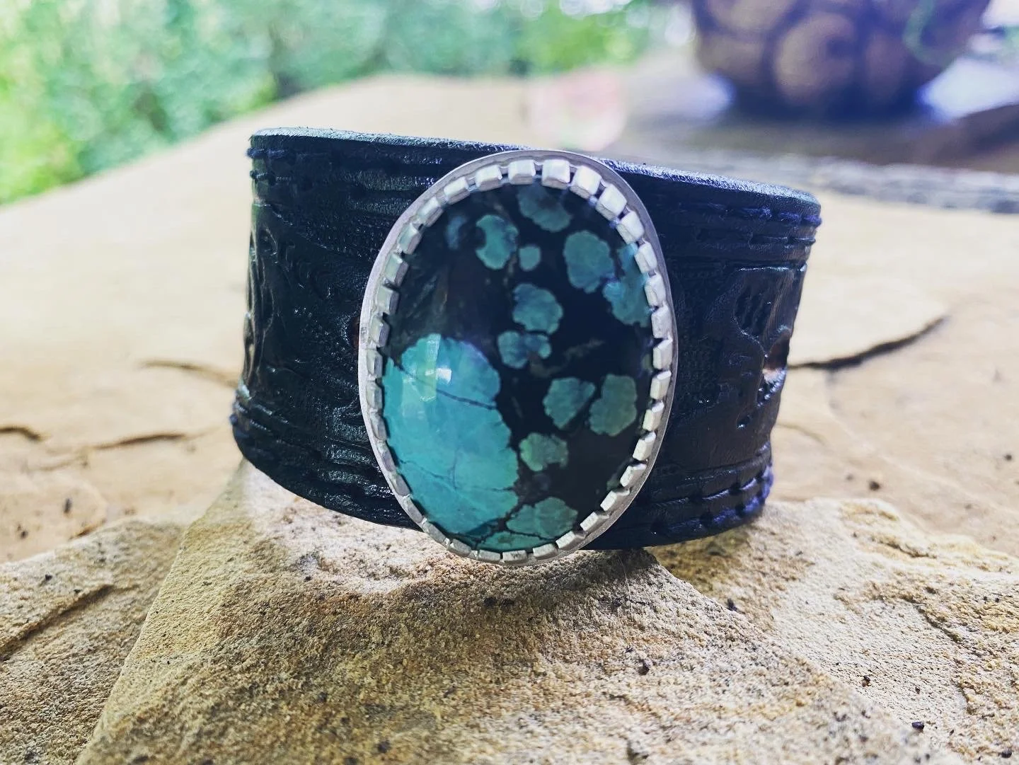 Turquoise and Black Tooled Leather Cuff 1.JPG