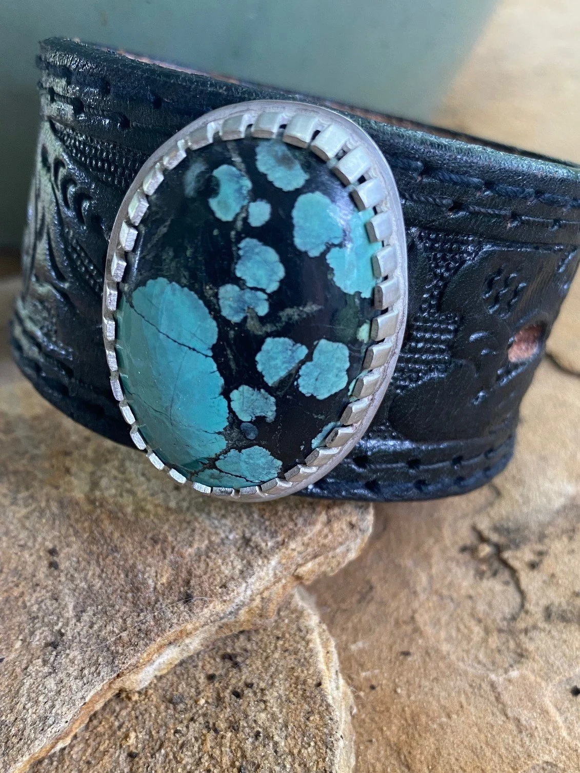 Turquoise and Black Tooled Leather Cuff 3.JPG