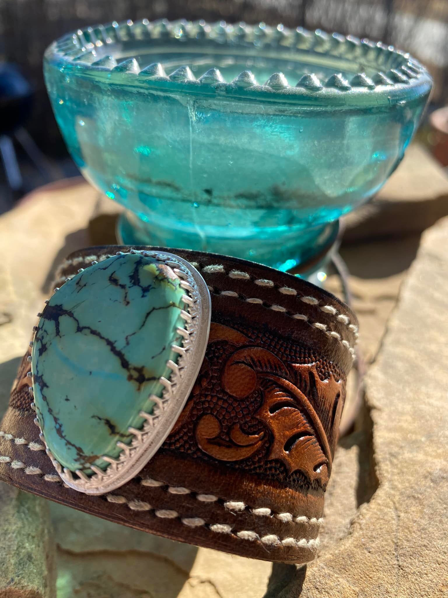 Getting ready for next weekend Handmade Omaha Winter Art &amp; Craft Bazaar.

Fresh off my bench from Saturday is a beautiful turquoise and leather cuff. That turquoise is soooo pretty. The dark brown veining resembles tree branches.. the stone is se