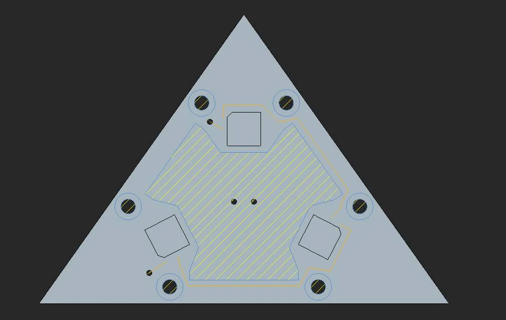 I started figuring out LED positioning and how I could have a common power and ground plane across the whole sphere. I did this in solid modeling software because it's a lot easier to make changes with parametric modeling. Circuit board layout programs are a lot less flexible. This side shows the power plane.