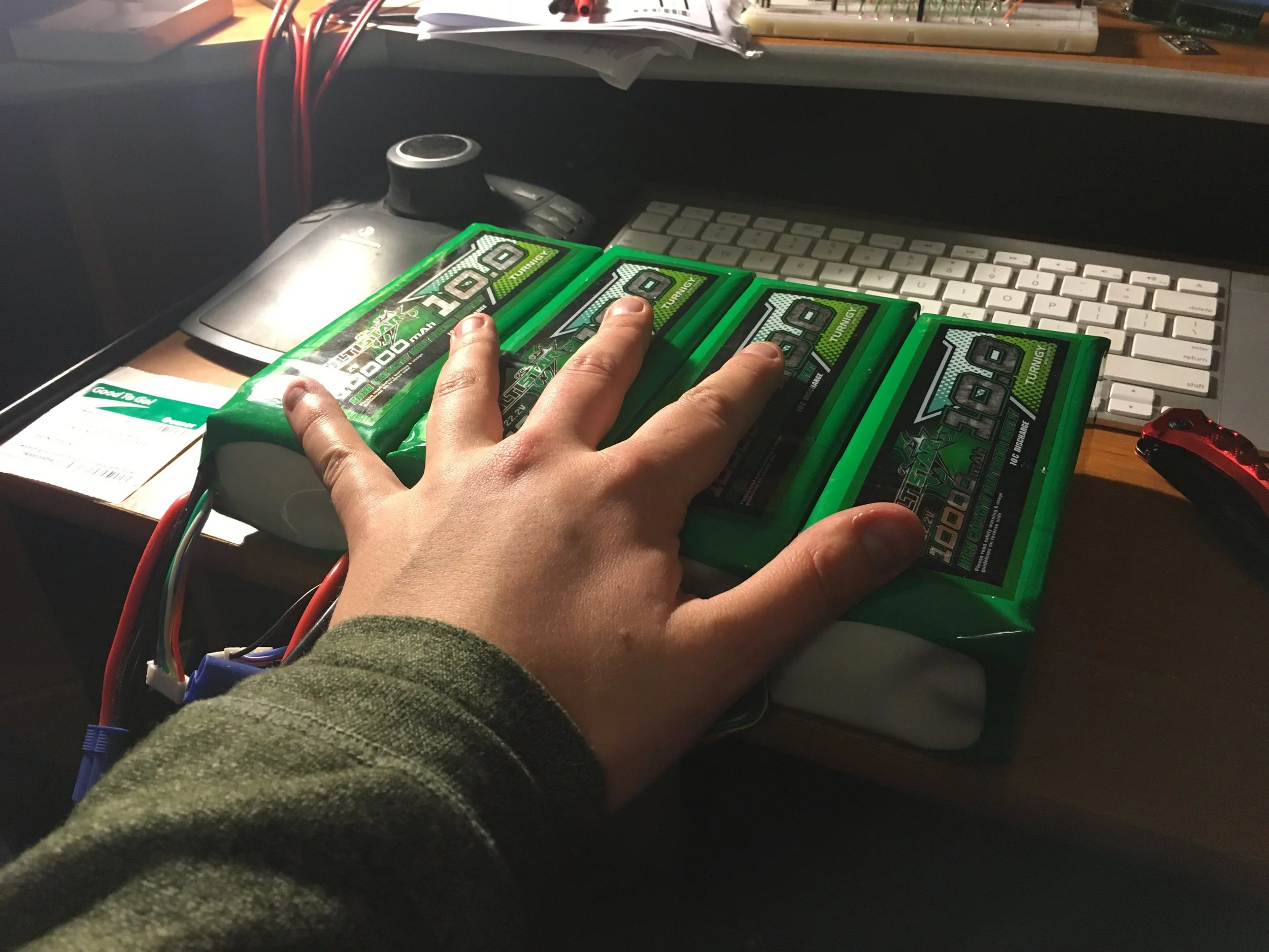 Speaking of the battery. This is what I'm using. I got 4 10,000 mAh 22.2V LiPo batteries. Each one should last me 5-6 hours depending on the animation, which should be good for two days or more of a festival.
