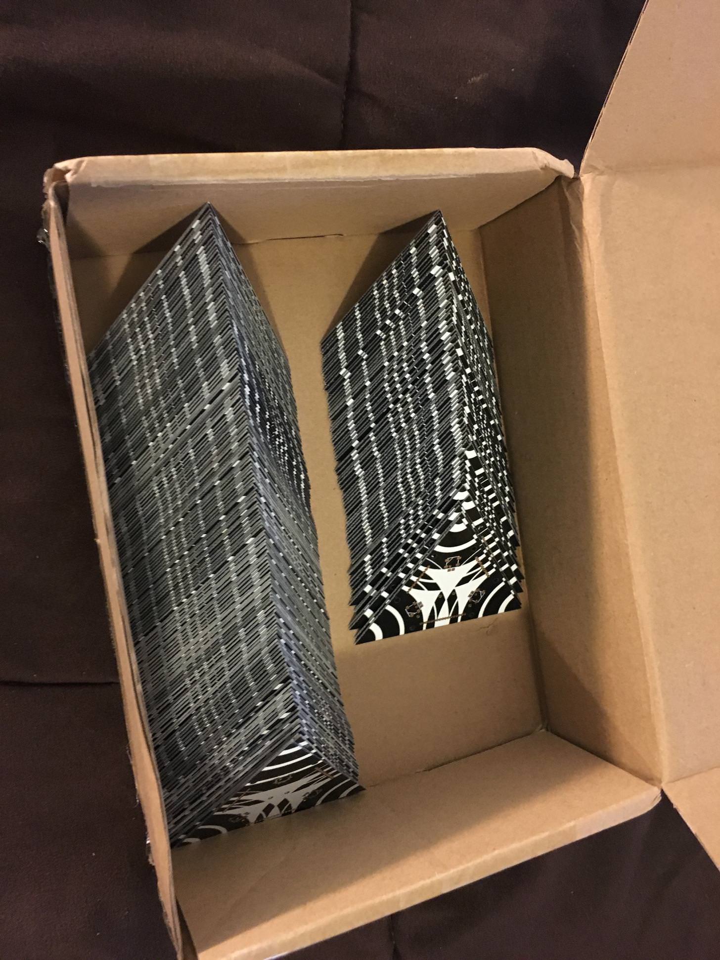 I got the entire order of 225 boards for $350 (including shipping) which was way better than I had expected to get. I even splurged and got ENIG finish and black solder mask.