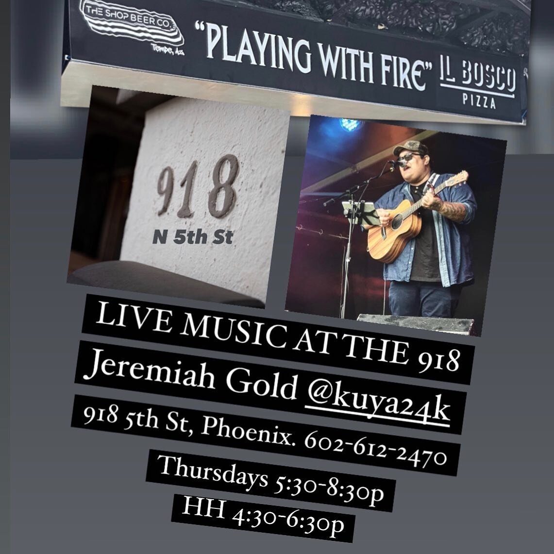 LIVE MUSIC with Jeremiah Gold tonight at Il Bosco DTPHX. 

Join us for HAPPY HOUR from 4:30 to 6:30 PM and then music from 5:30 to 8:30 PM.

Call for reservations at 

Phoenix 602-612-2470 

Or join us at our Scottsdale location for the same great pi