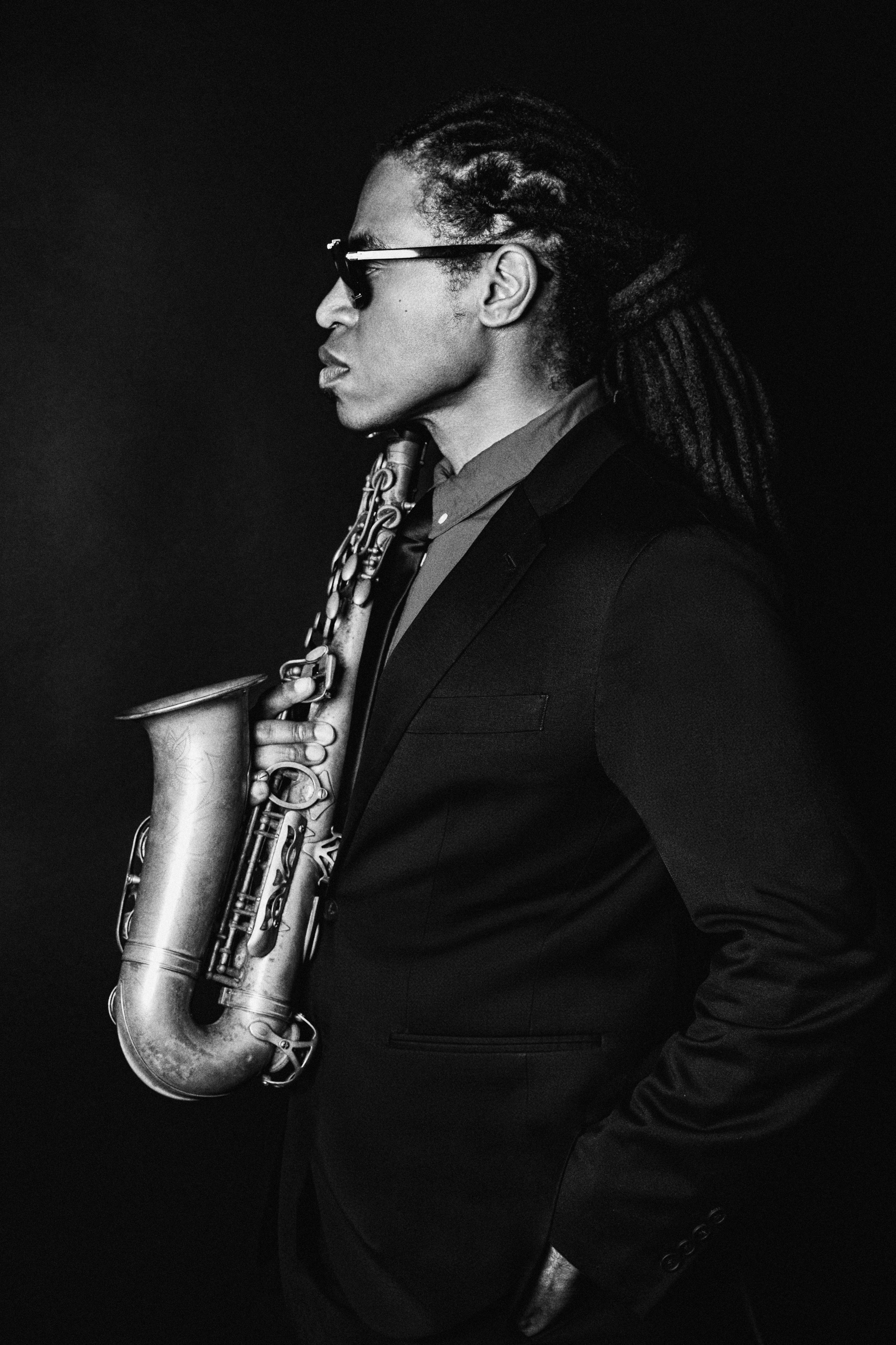 Irwin Hall in profile with saxophone