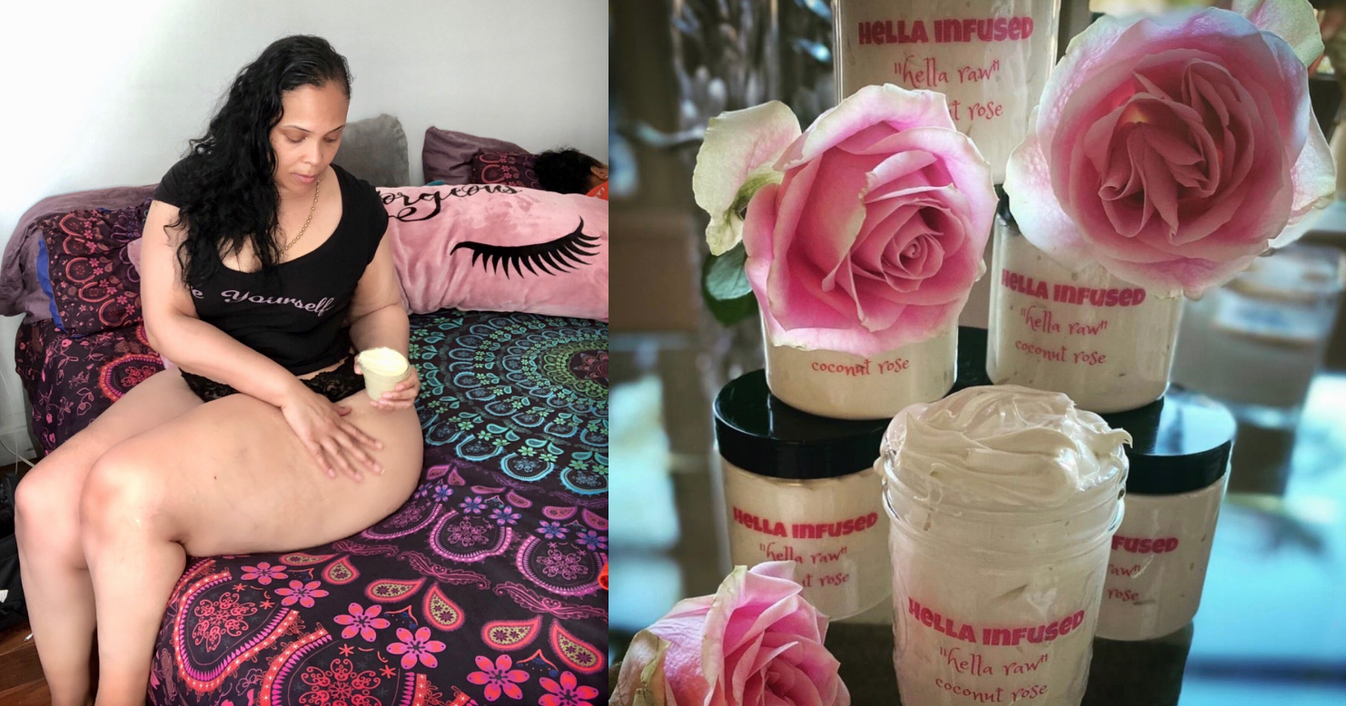 Product Name: Hella Raw Body Butter Brand: Hella Infused Scent Type: Coconut Rose Key Notes: Neutral to no scent. You can tell ingredients like coconut and rose petals are in the product but do not produce an overwhelming scent at all. About the Bottle: When I first received the jars in the mail I thought they were candles, however when I took the lid off I was happy to see how creamy the product was and realized it was a yummy body butter. Don’t be fooled by the packaging …. I am currently obsessed with this product! Who Would I Recommend It For: If you know someone who enjoys a creamy body butter from head to toe definitely consider it. It is definitely recommended for those who don’t mind an extra glow without an overwhelming smell. The product is not sticky and even though it is thick it melts into your skin and you can definitely put clothes on right after applying. Expect to look extra radiant and for your body to feel like a baby’s skin. How I Apply This Body Butter: I scoop a generous amount of it on to the tip of my fingers and massage it into the skin. When I first tried it I used it on my thighs, butt, elbows and feet. This medicated cocoa & shea butter is infused with CBD & rose petals and is great for joint pain, eczema and muscle inflammation. It is 100% raw and organic and helped me relax my muscles throughout my body.