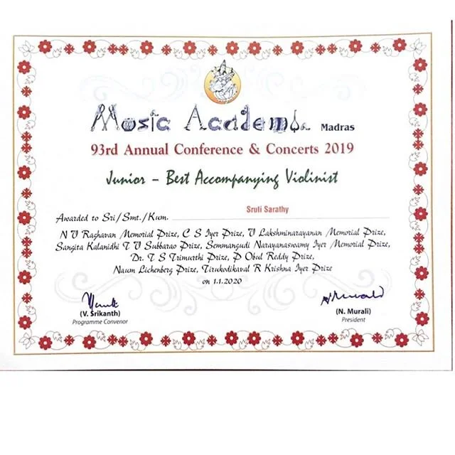 Happy to have received the award for Best Junior Violinist from the Madras Music Academy on Jan 1. The Christmas-day concert featured Madhyamavati and Varali, and it was a delight, as always, to share the stage with Anahita, Apoorva &amp; Kishore!
.
