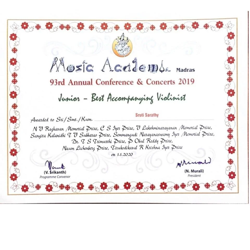 Awarded "Best Junior Violinist 2019" by Madras Music Academy