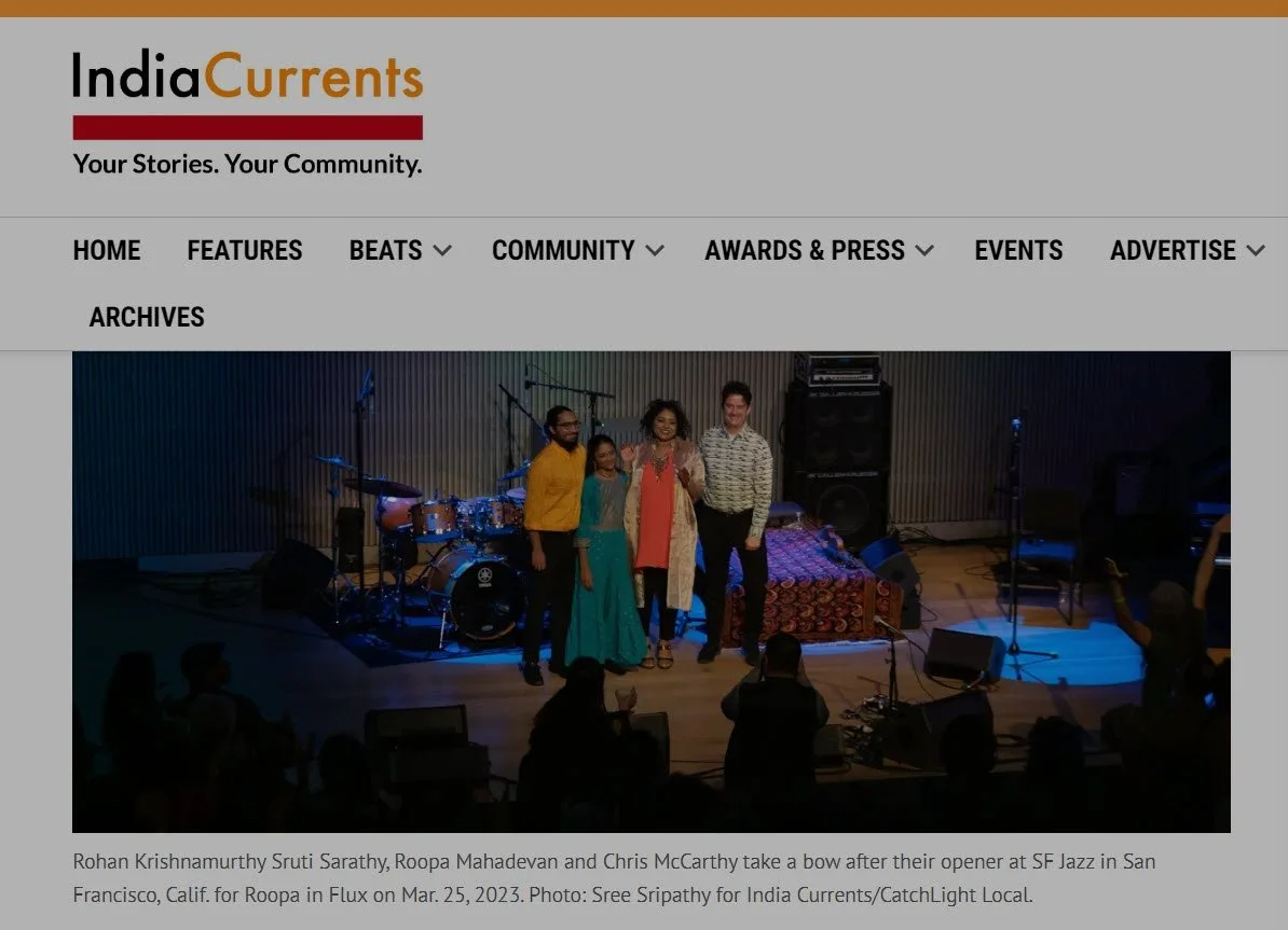 Roopa in Flux Ensemble, Roopa Mahadevan on vocals, Chris McCarthy on piano, Sruti Sarathy on violin, and Rohan Krishnamurthy on drums opened for SF Jazz in San Francisco on March 25, 2023