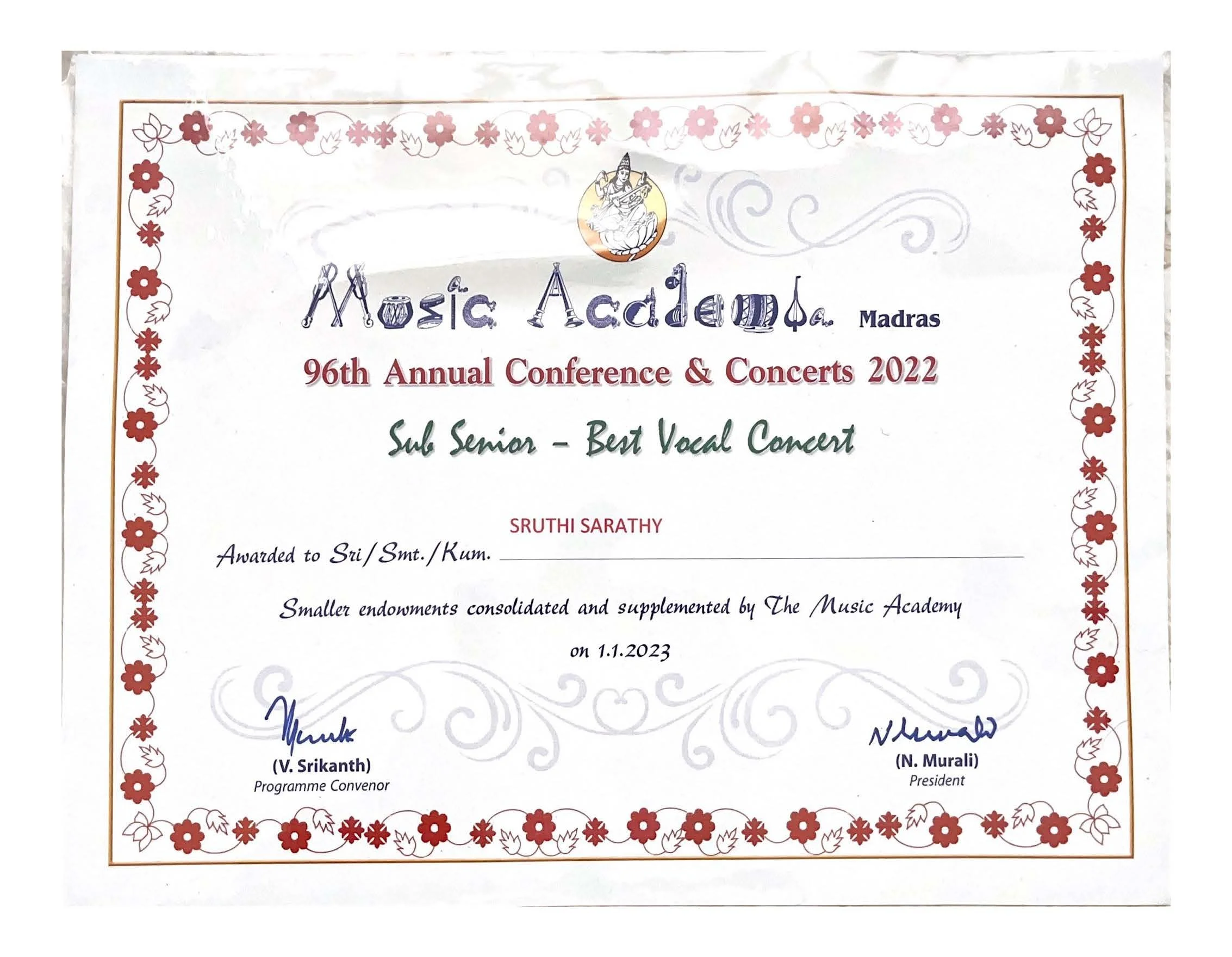 Awarded Best Concert Prize by Madras Music Academy in 2022