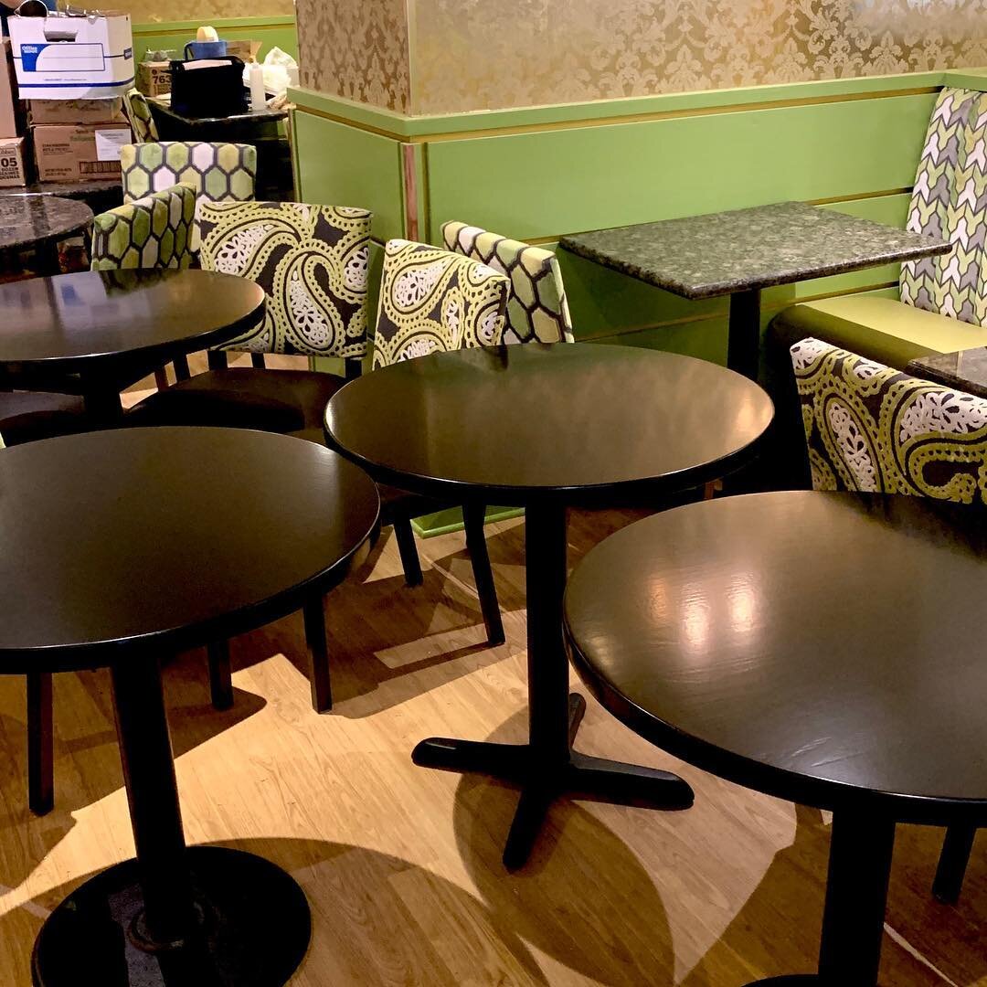 Round bar tables in black 2K urethane for @mothersbistro refinished right on time for the opening of their new location at 121 SW 3rd! #mothersbistro