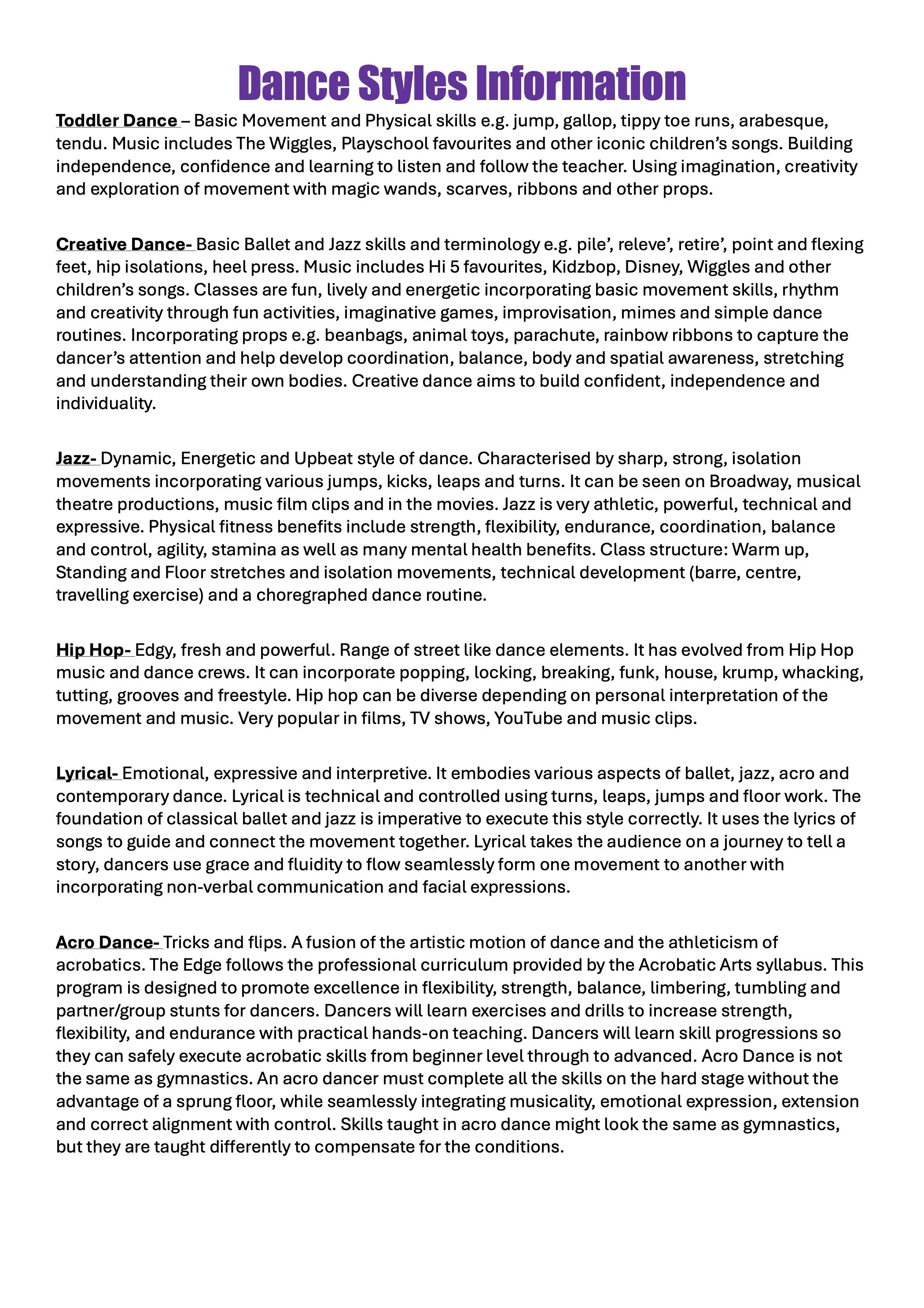 2025 class information the edge performers school