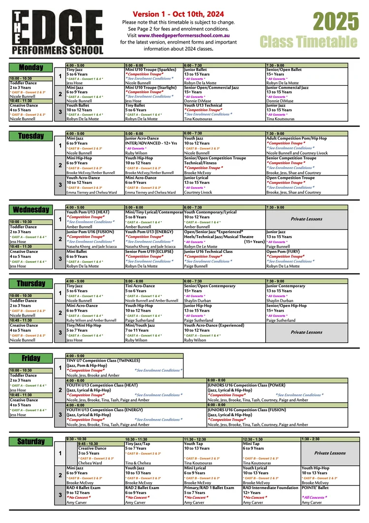2025 TIMETABLE — THE EDGE PERFORMERS SCHOOL