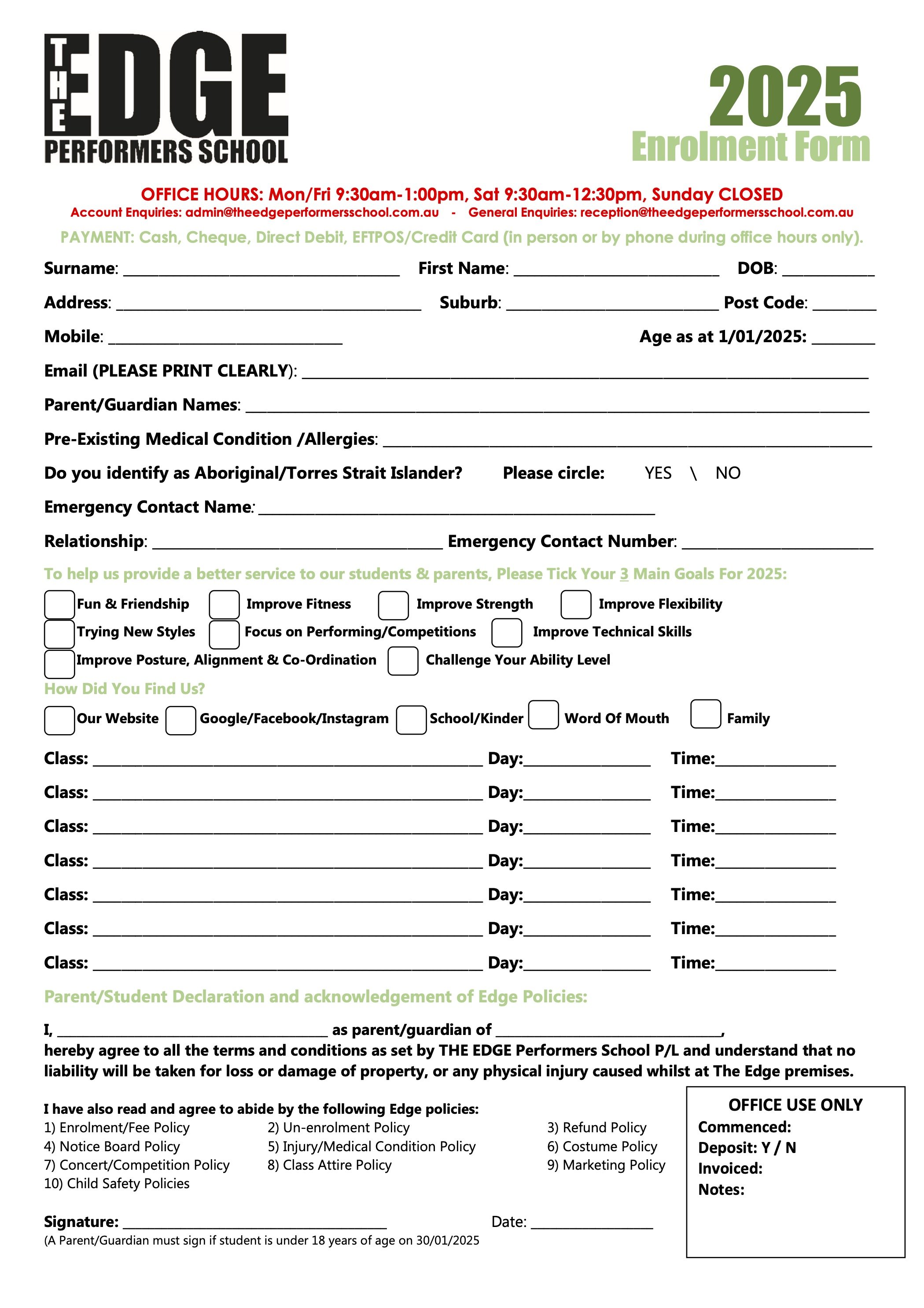 Enrolment Information — THE EDGE PERFORMERS SCHOOL