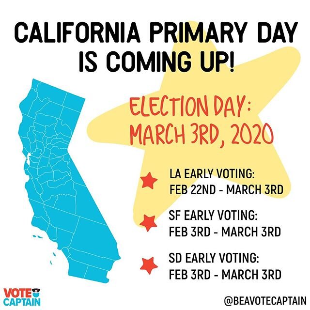 So many states are already doing #earlyvoting and #polls will open soon (or have opened already) in much of #California! California moved their primary from June to March 3rd this year, so make sure the #CA people in your life know about the change a