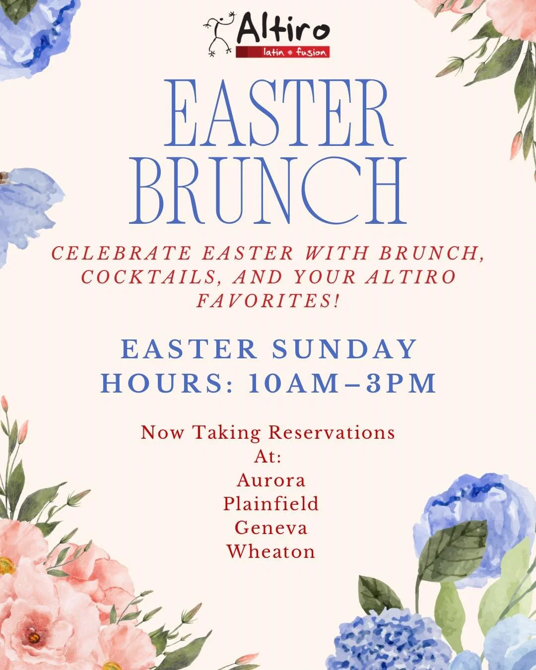Join us for a beautiful Easter Sunday filled with great food, cocktails, and time with your favorite people.

Open 10AM&ndash;3PM at all locations
Reservations highly recommended ✨

Aurora &bull; Plainfield &bull; Geneva &bull; Wheaton
www.altirolati