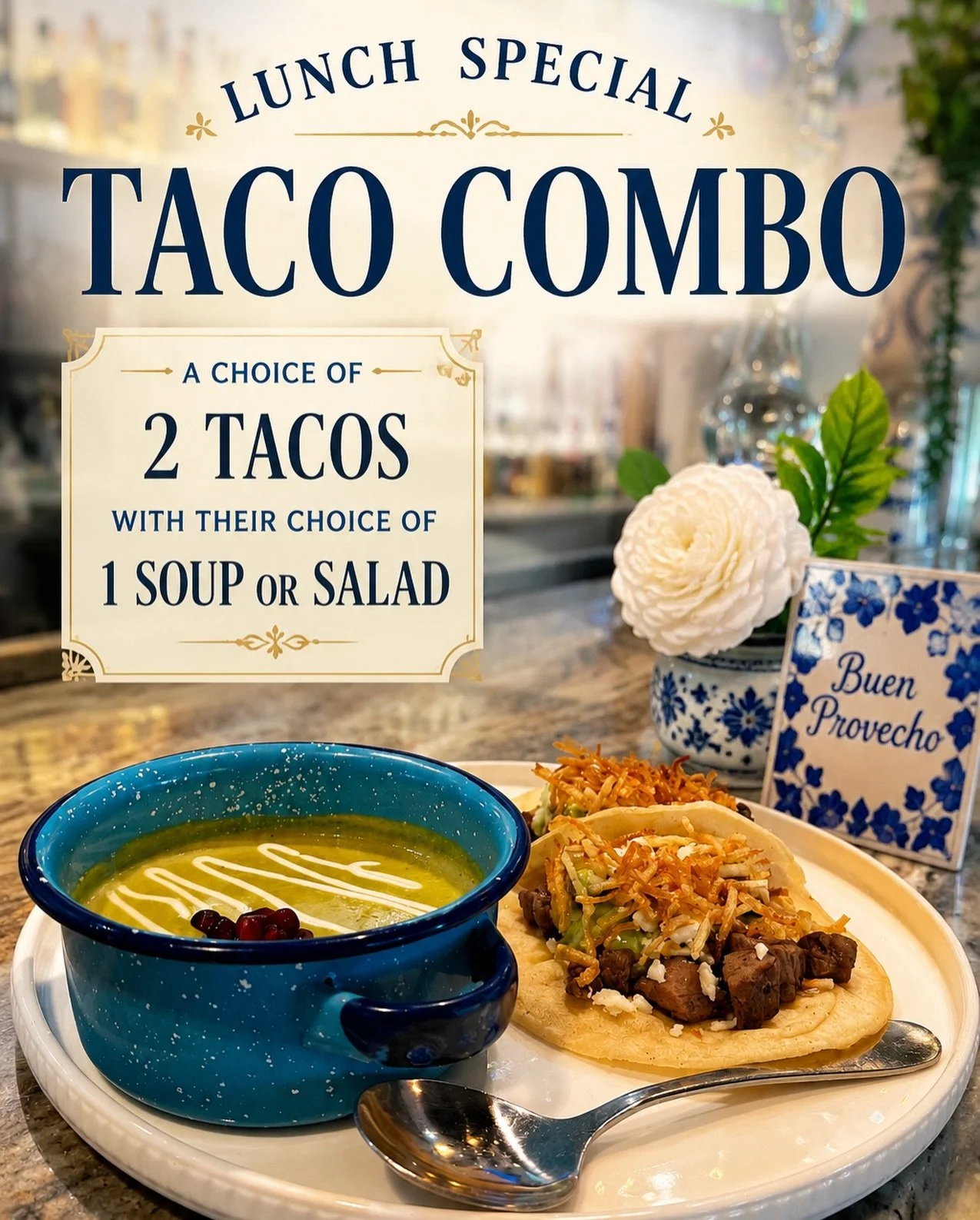 NEW LUNCH SPECIAL! ☺️

Choose any 2 tacos &mdash; Skirt Steak, Chicken, Carnitas, Shrimp, or Veggie &mdash; and pair them with your choice of soup or salad.

Available daily at all Altiro locations until 3 PM.

Fresh flavors, quality ingredients, and