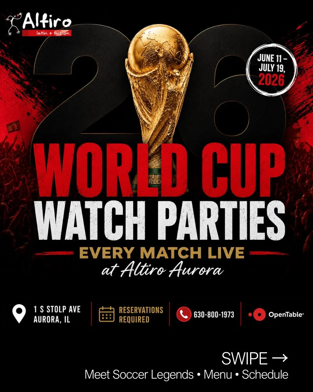 Your home for every World Cup match. ⚽

Join us at Altiro Aurora for live match viewing, special menu items, drink specials, soccer legend appearances, and a restaurant transformed for the tournament.

Swipe to see everything we have planned.

📍 1 S
