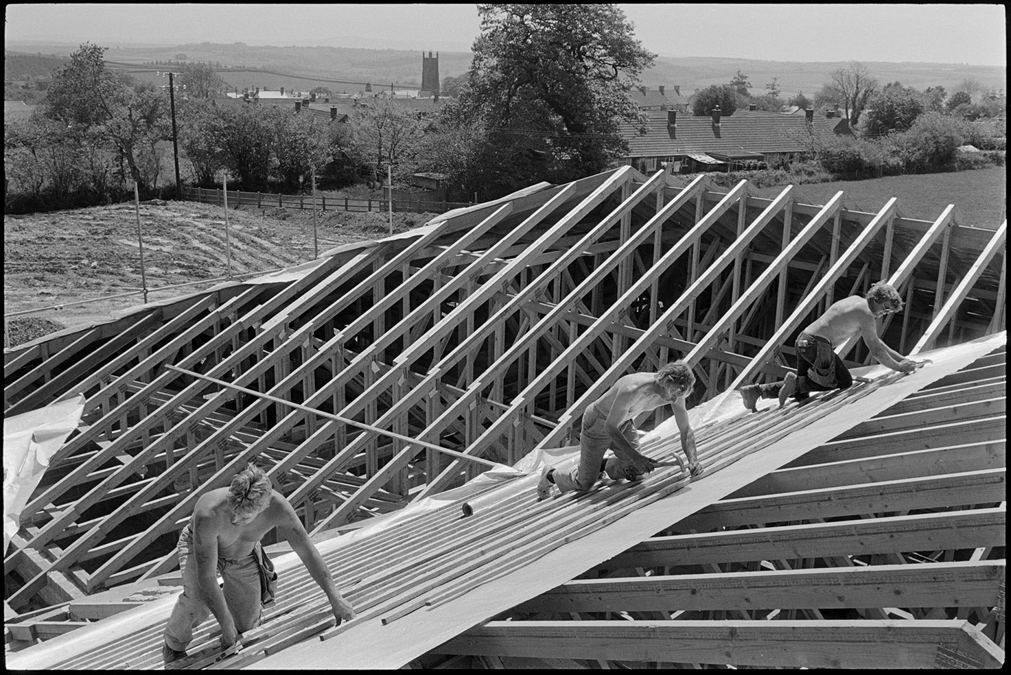 Men working on roof of new school, Chulmleigh Primary School, June 1988.